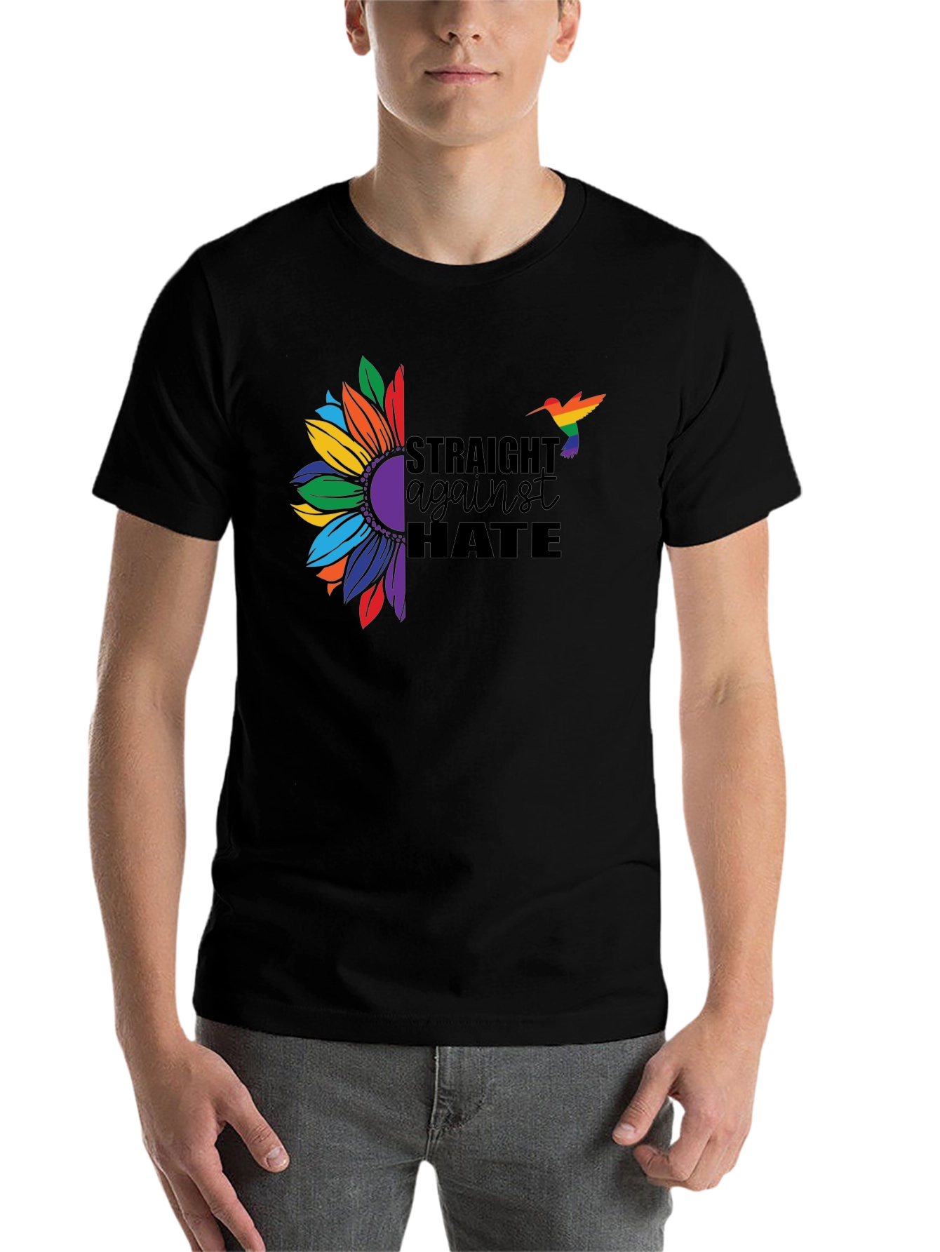 Black Straight Against Hate Sunflower Pride T-Shirt view 7