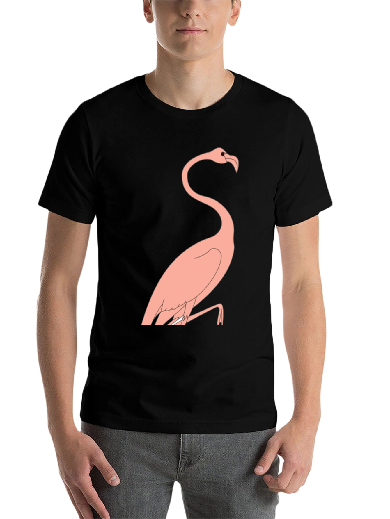 Black Men's Black T-Shirt with Flamingo Design view 7