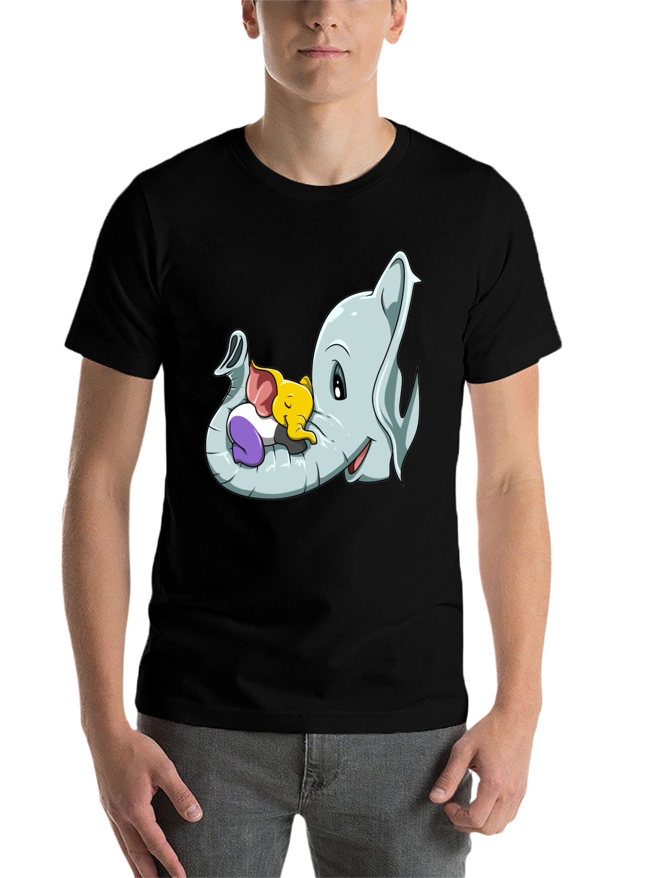 Black Cute Elephant Family Cartoon T-Shirt view 7