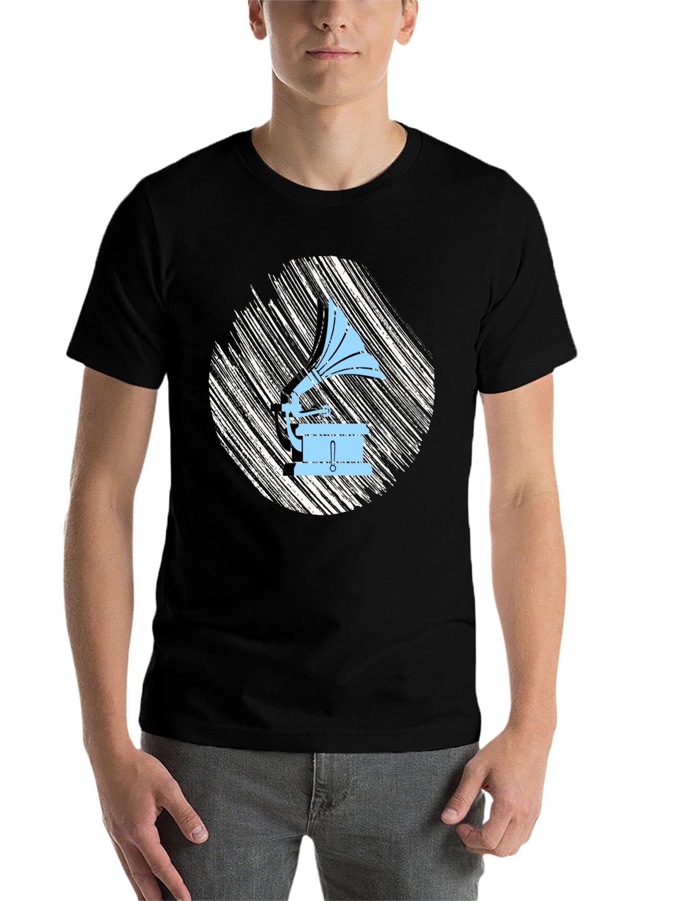 Black Retro Gramophone Graphic Tee - Vintage Music Lover Shirt view 7