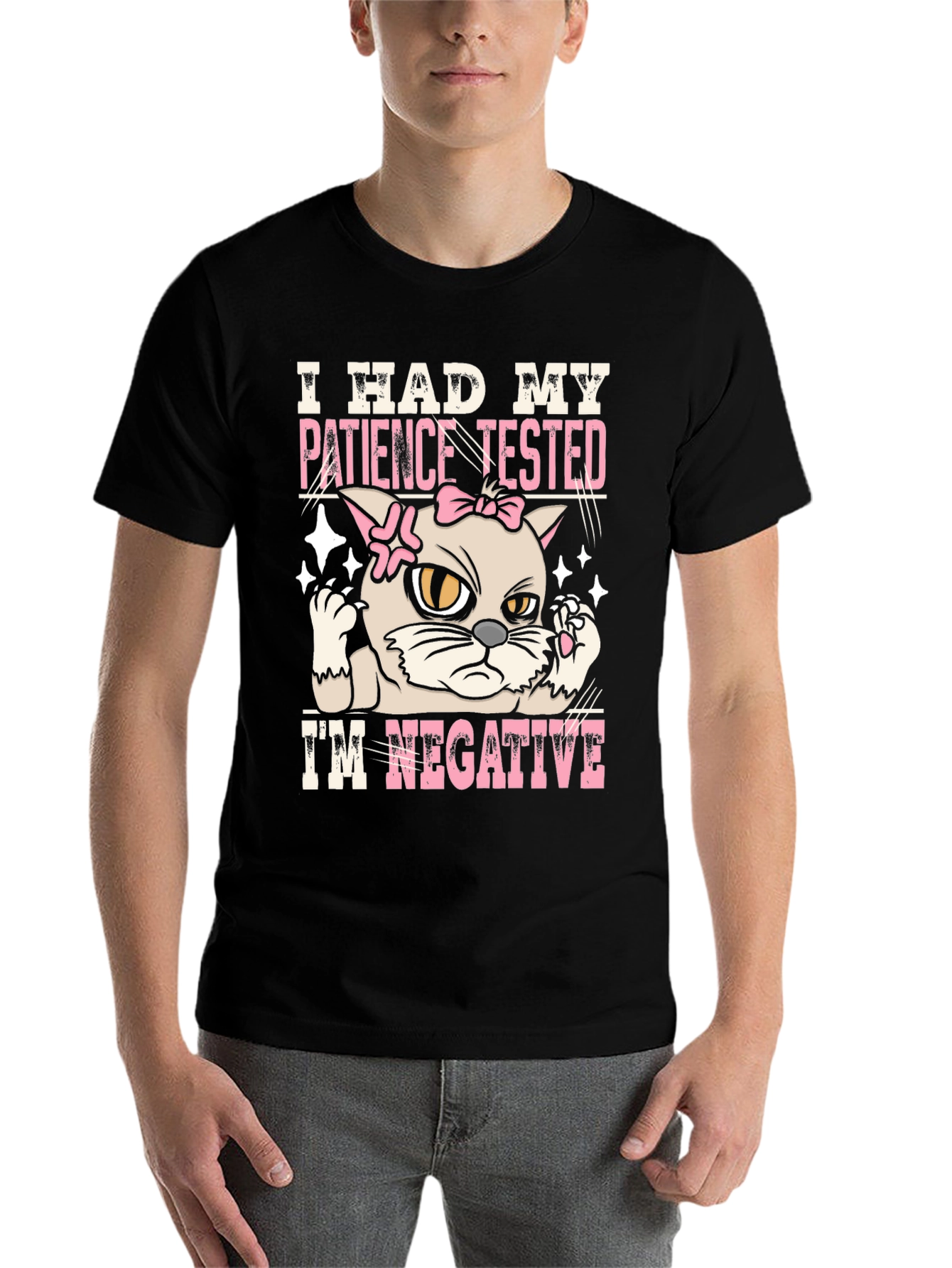 Black Patience Tested Negative Funny Cat Graphic T-Shirt view 7