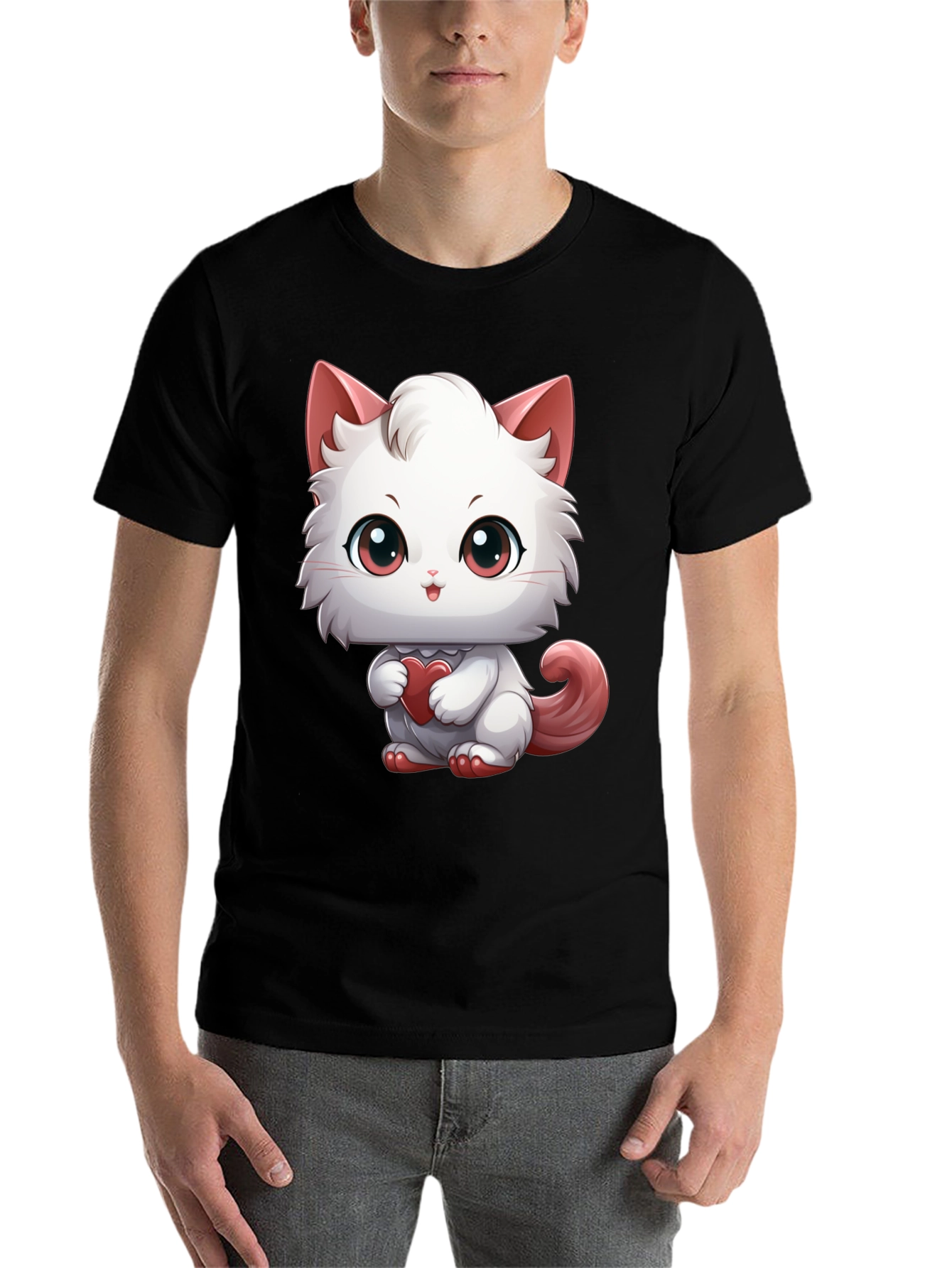 Black Cute Cartoon Cat Heart T-Shirt view 7