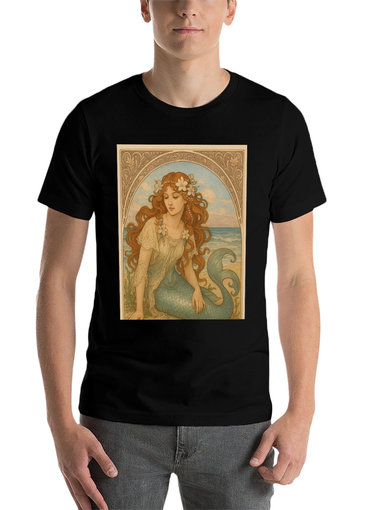 Black Mermaid Art Nouveau Graphic T-Shirt view 7