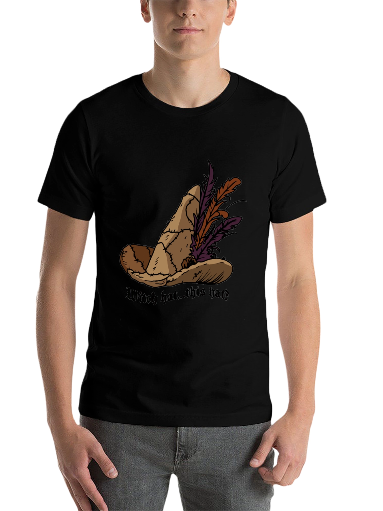 Black Whimsical Witch Hat Graphic Tee - Unique Design view 7