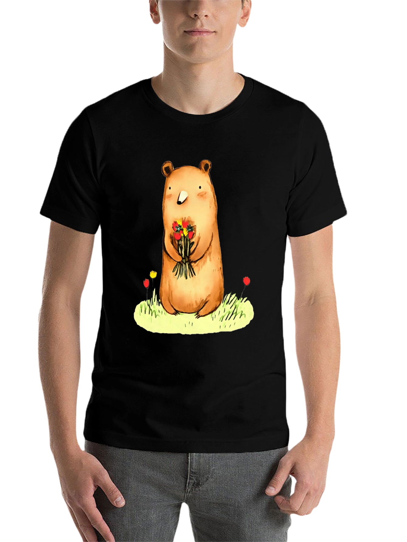 Black Bear with Flowers Graphic Tee - Soft Cotton Blend view 7