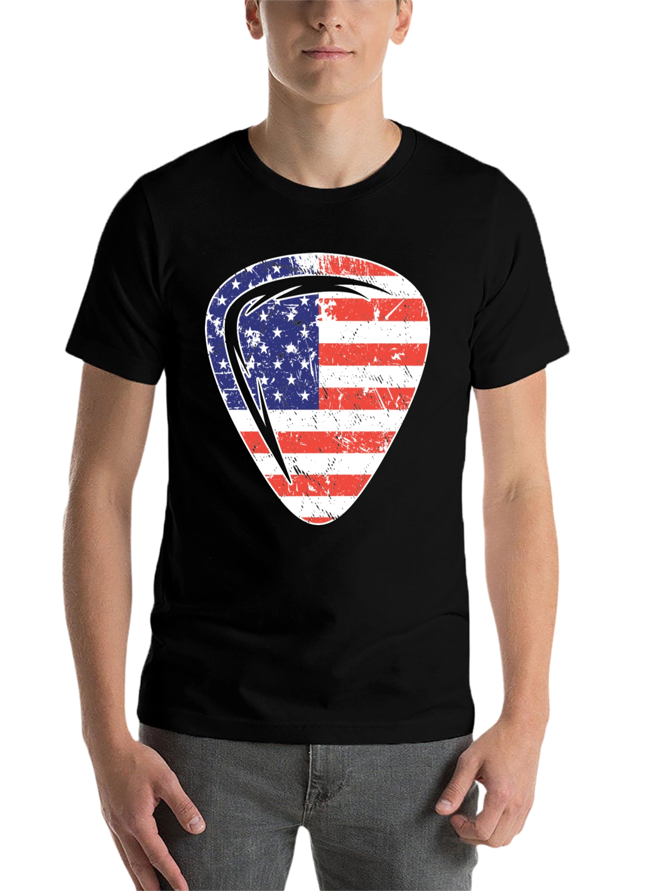 Black USA Flag Guitar Pick Patriotic T-Shirt view 7
