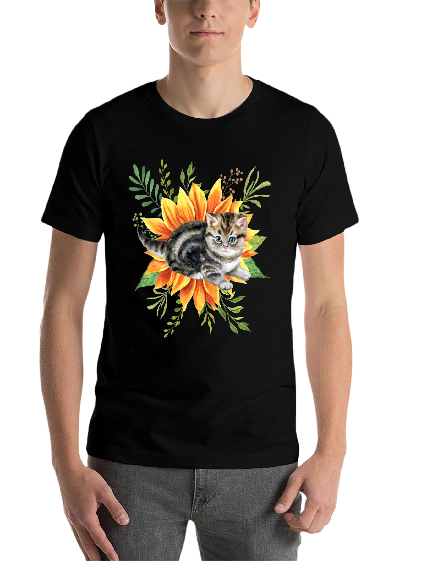 Black Kitten & Sunflower Graphic Tee - Black Cotton Blend view 7