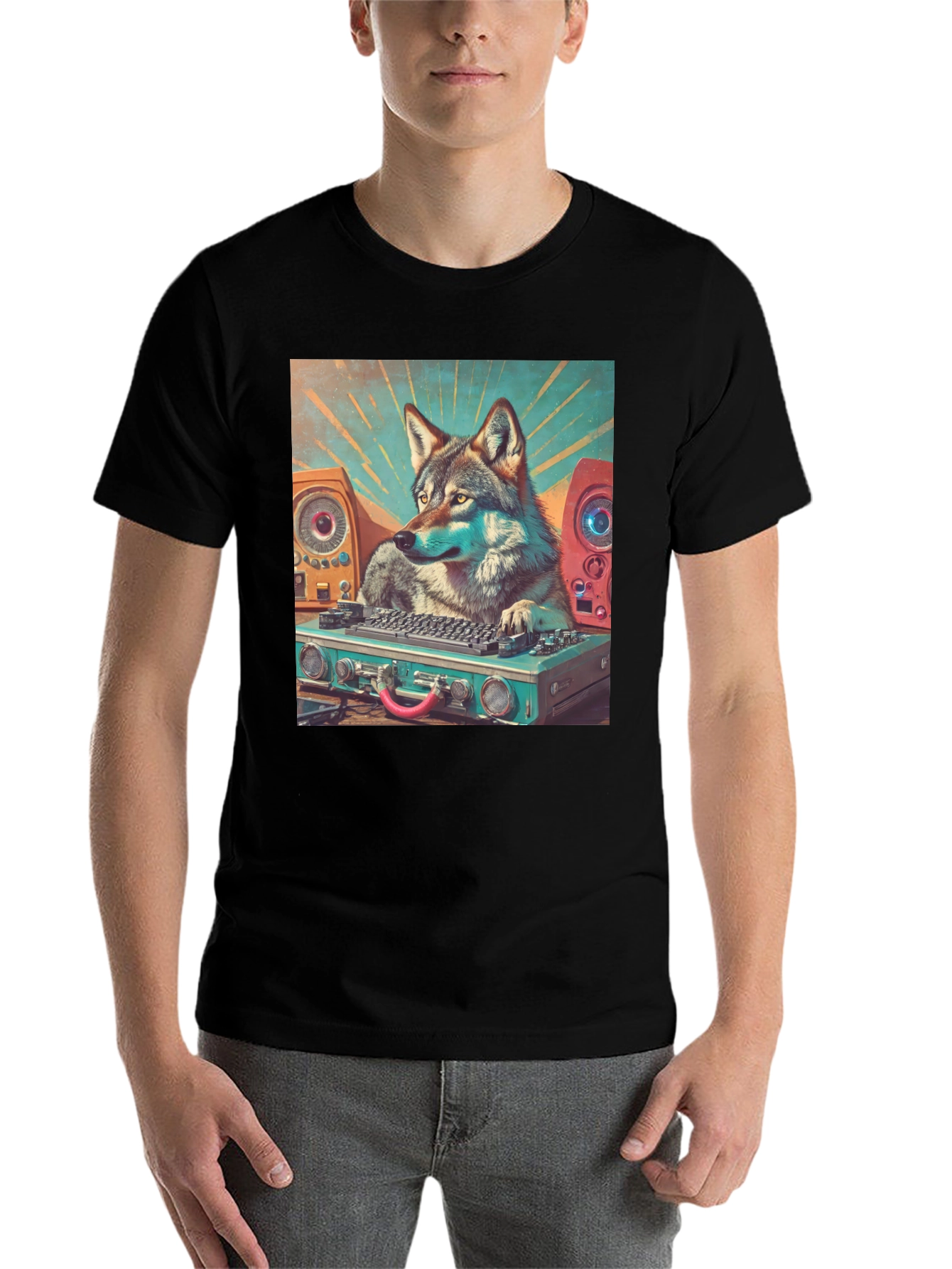 Black DJ Wolf Graphic Tee - Cool Animal Music Lover T-Shirt view 7