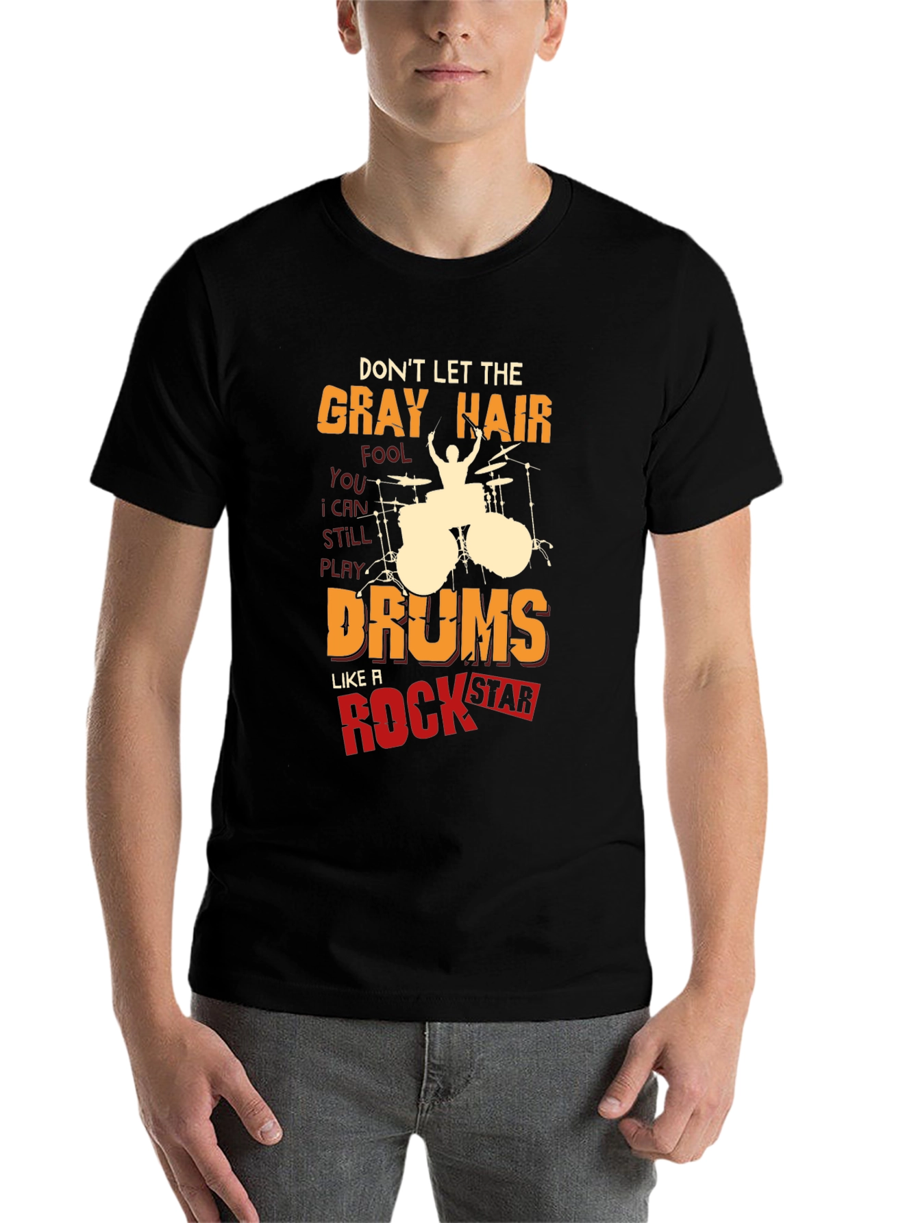 Black Gray Hair Rock Star Drums Graphic Tee view 7