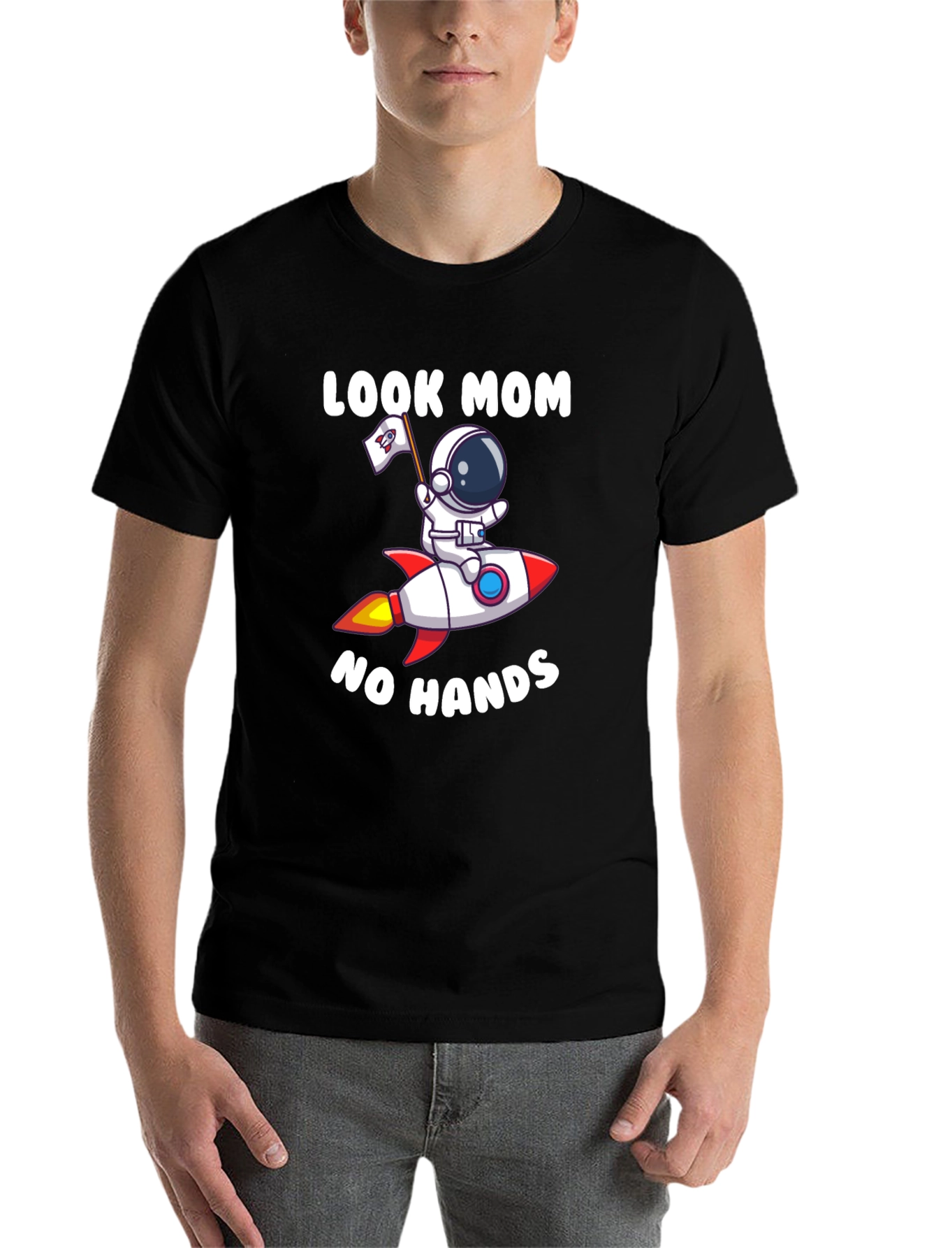 Black Look Mom No Hands Astronaut Rocket T-Shirt view 7