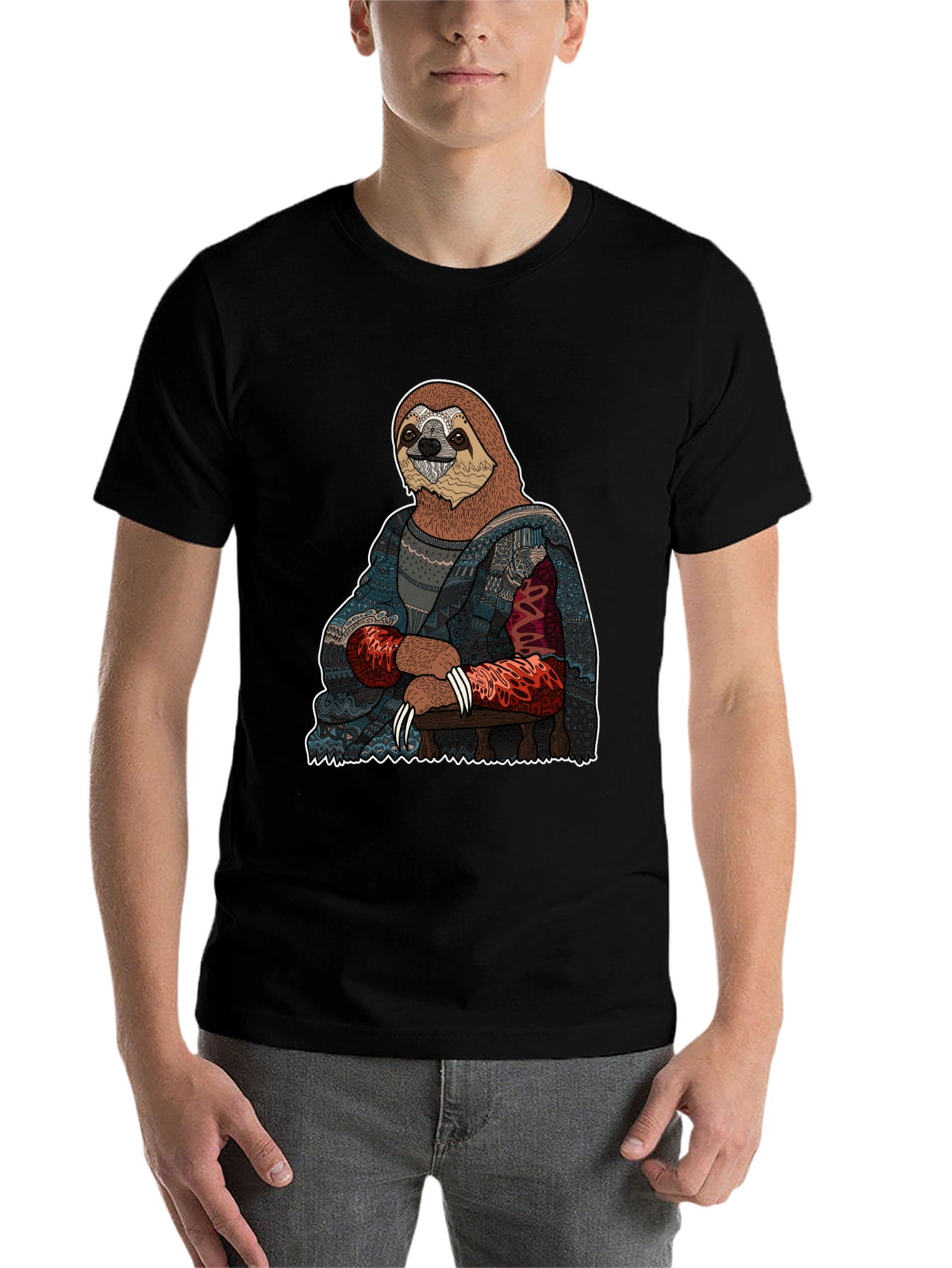 Black Sloth Mona Lisa T-Shirt - Artistic Funny Tee view 7