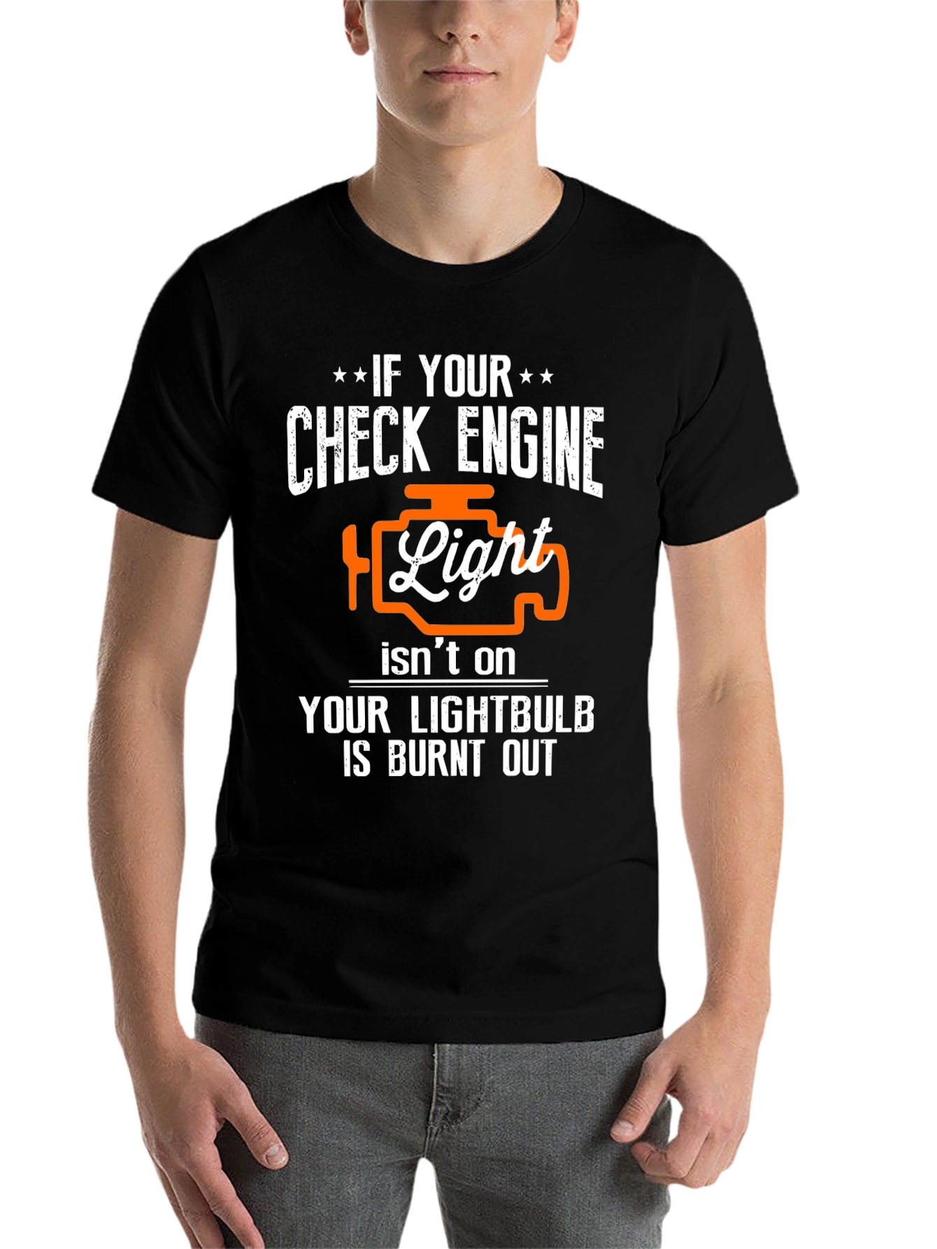 Black Check Engine Light Funny Car T-Shirt view 7