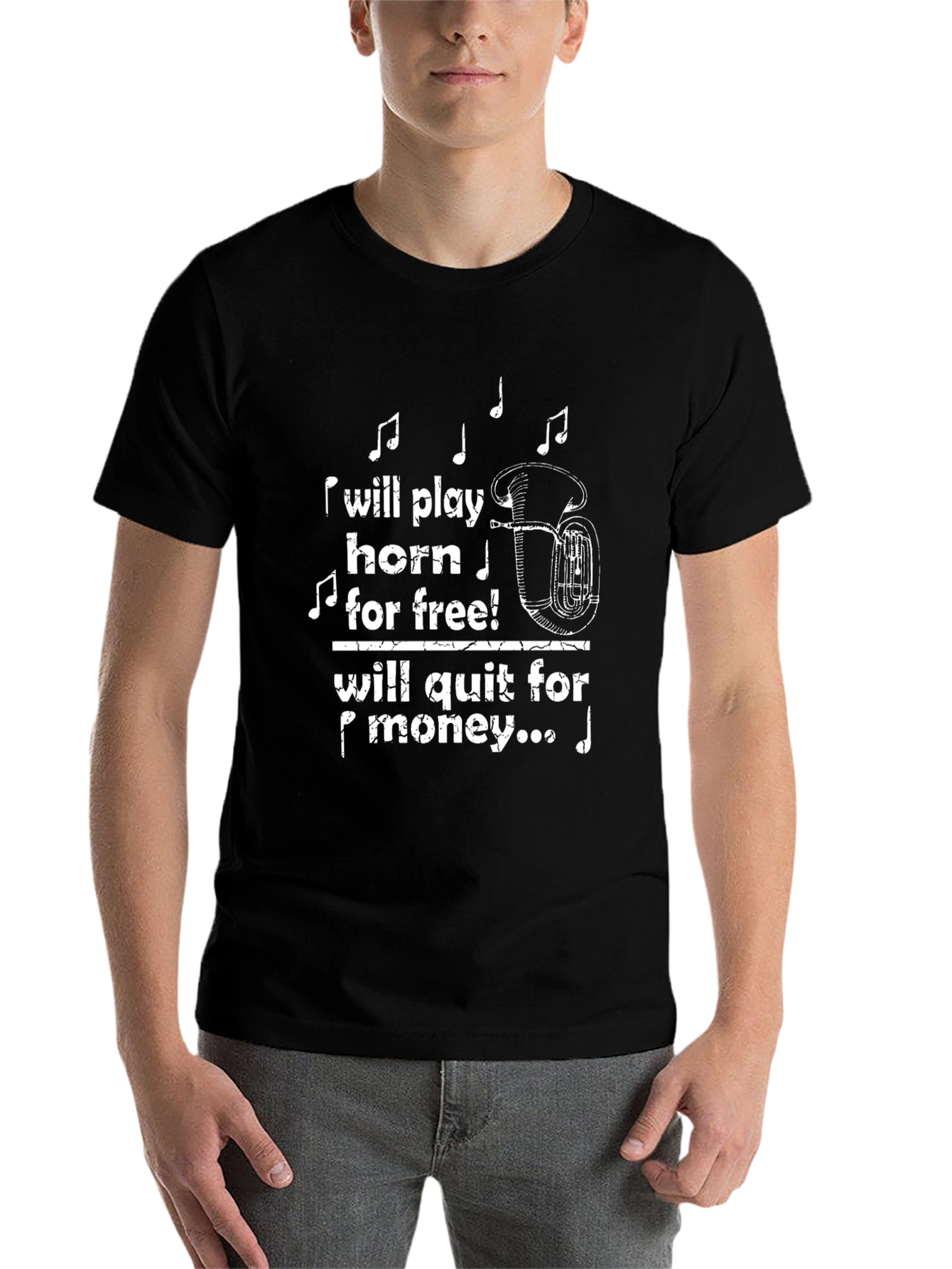 Black Play Horn For Free T-Shirt Funny Musician Tee view 7