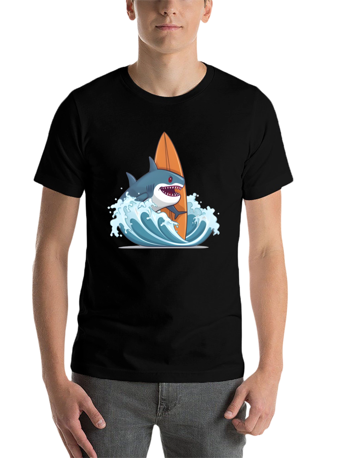 Black Shark Surfing Graphic T-Shirt - Black Cotton Tee view 7