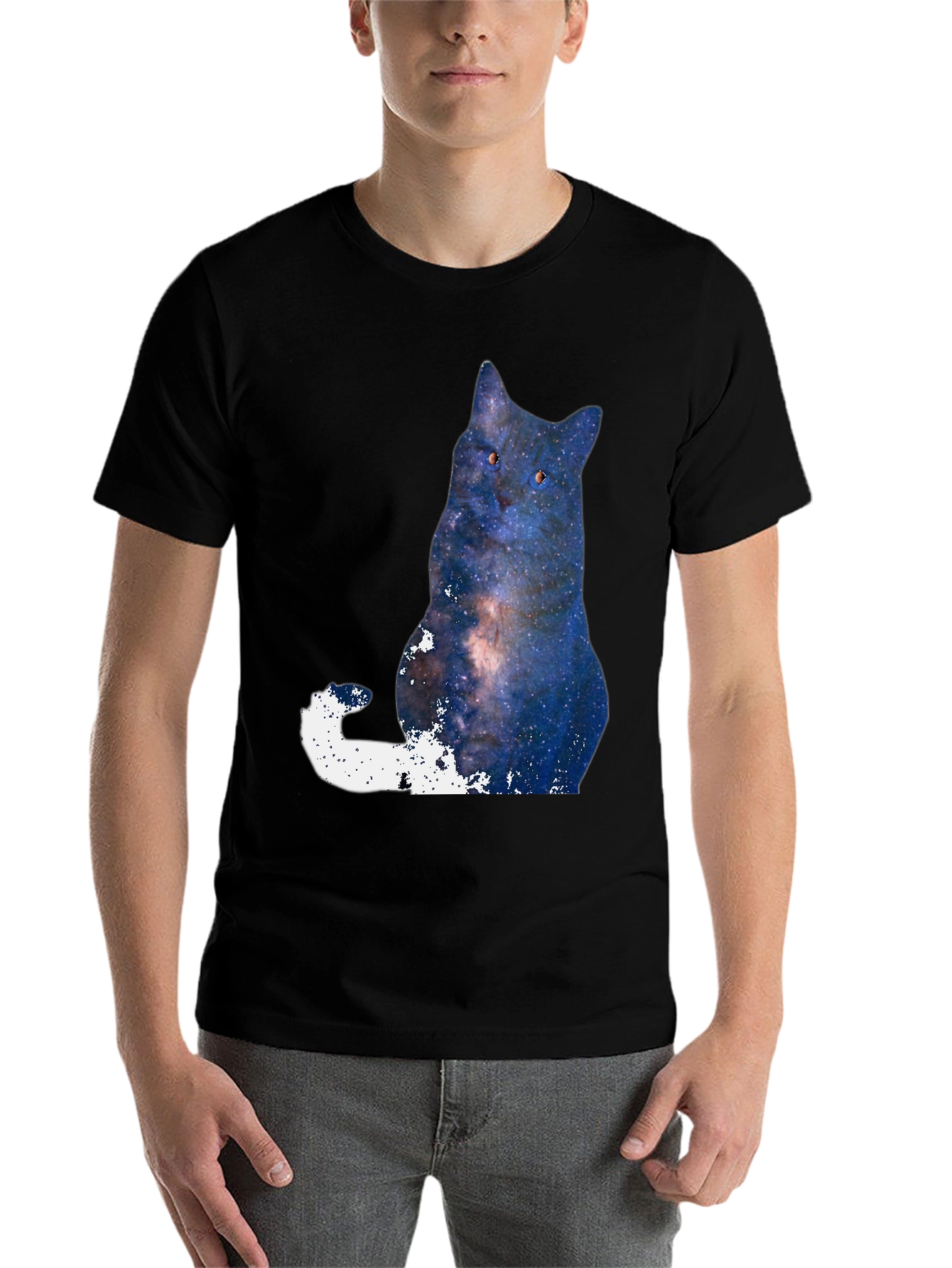 Black Galaxy Cat Graphic T-Shirt - Men's Black Tee view 7