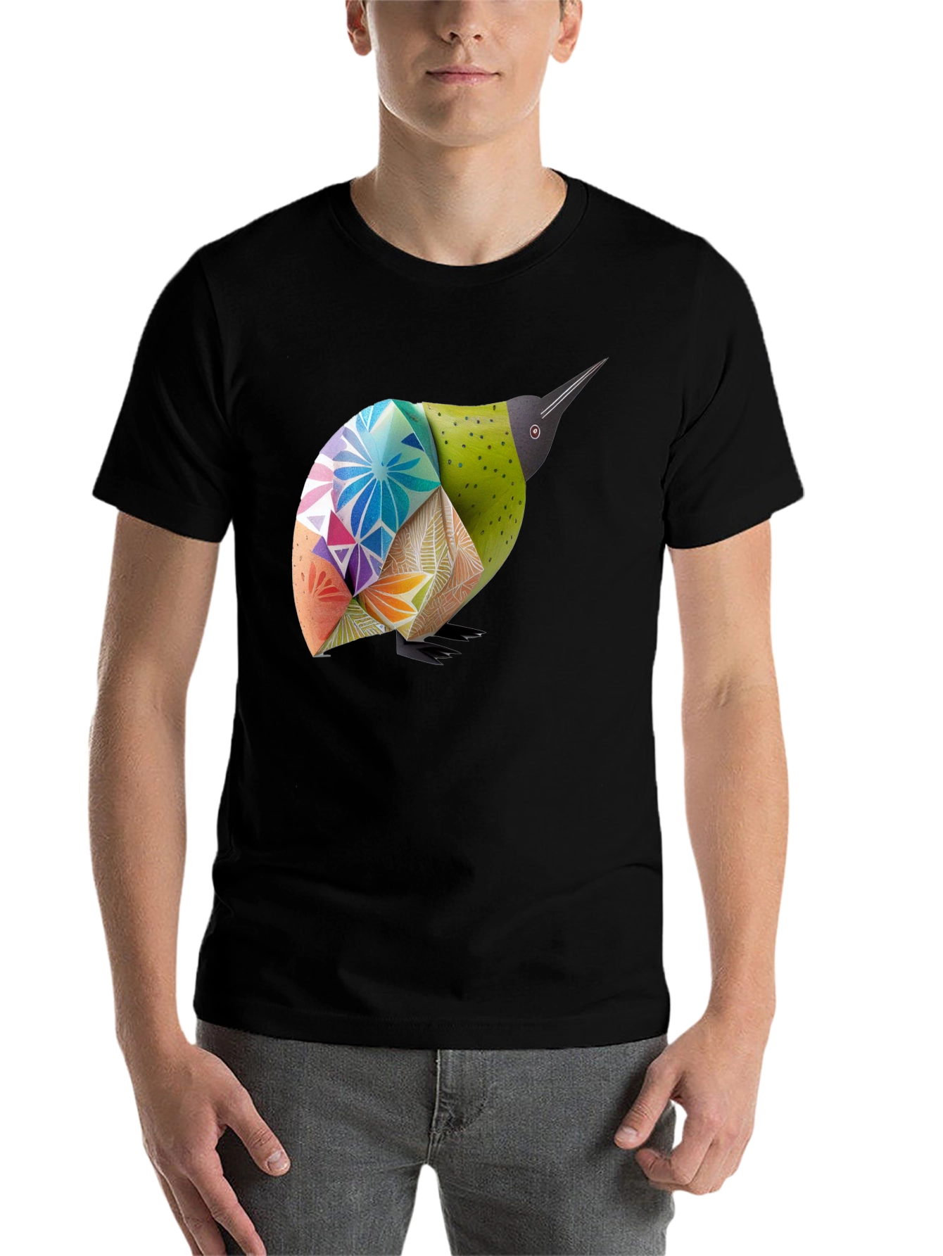 Black Geometric Bird Graphic Black T-Shirt view 7