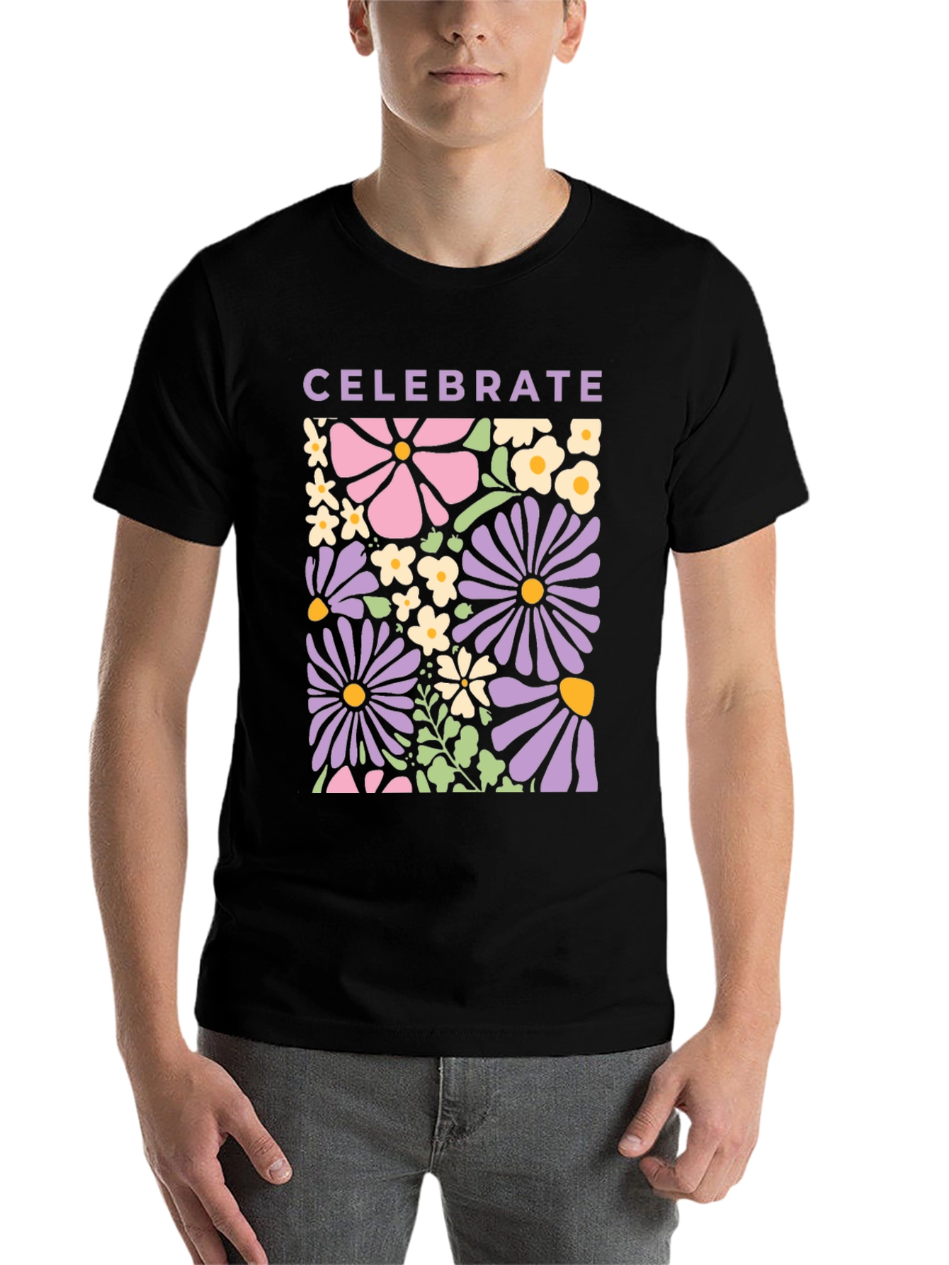 Black Celebrate Floral Graphic Tee - Retro Flower Power Shirt view 7