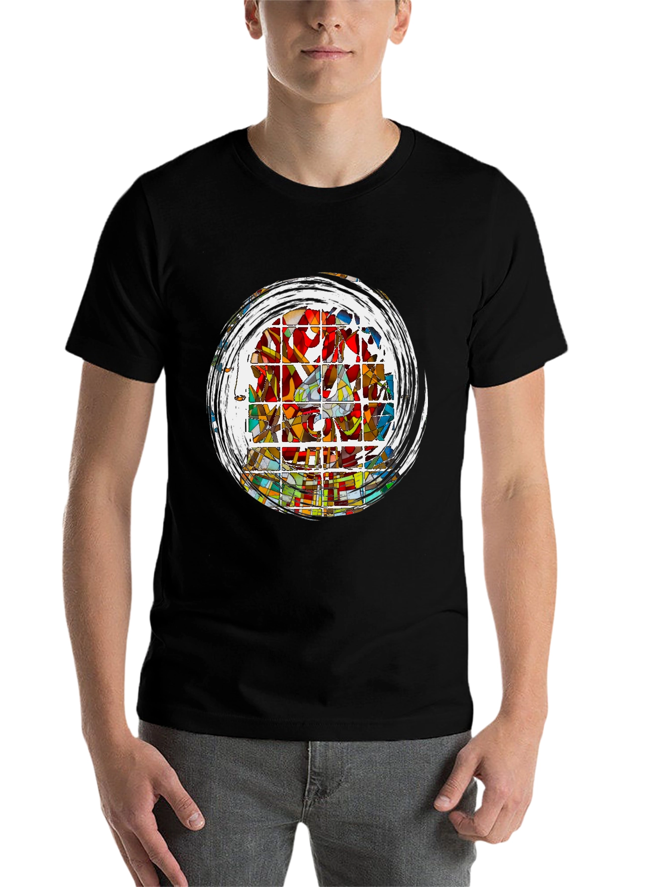Black Abstract Stained Glass Art Graphic Tee - Black view 7