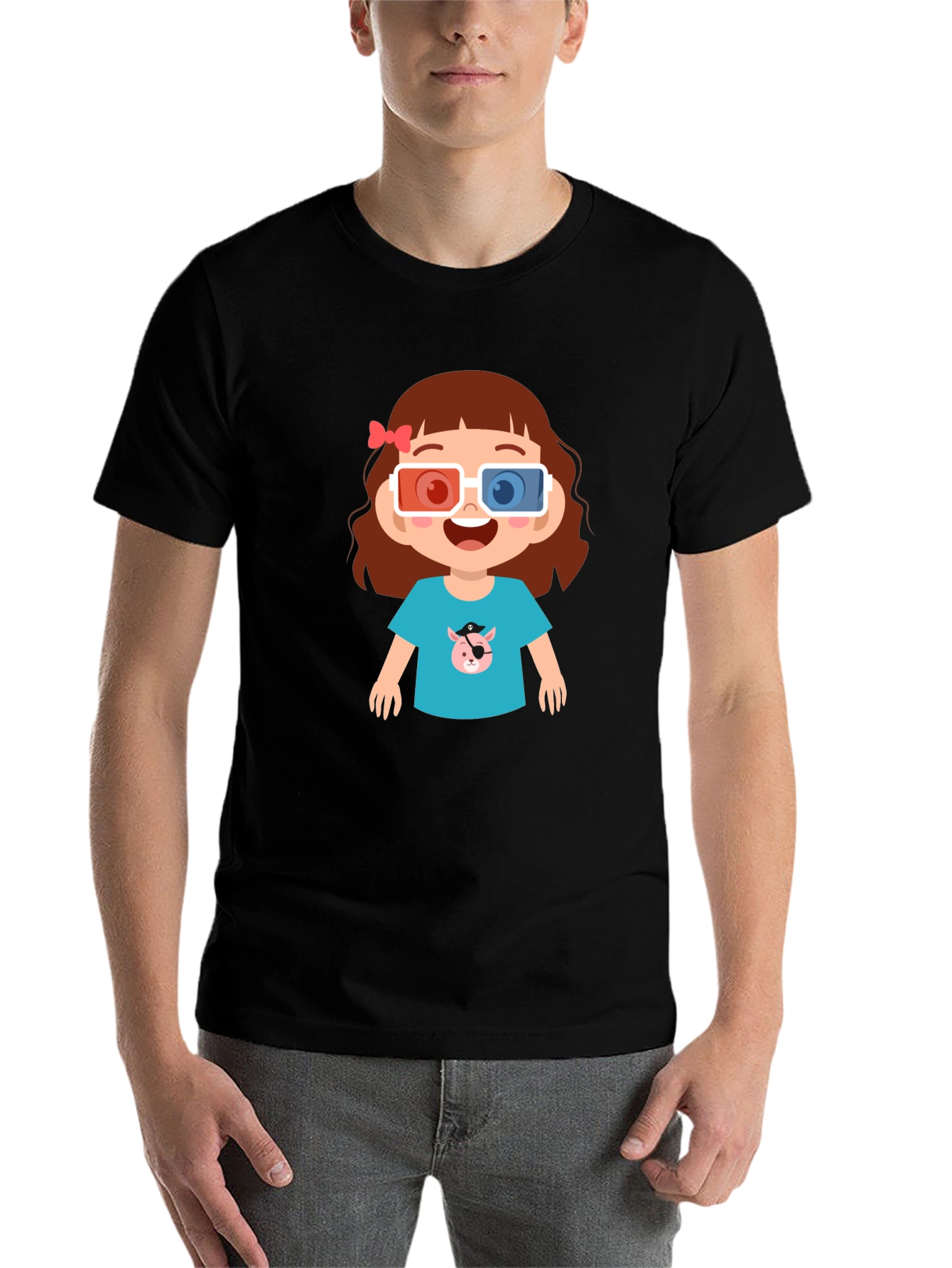 Black Cute Cartoon Girl 3D Glasses Black T-Shirt view 7