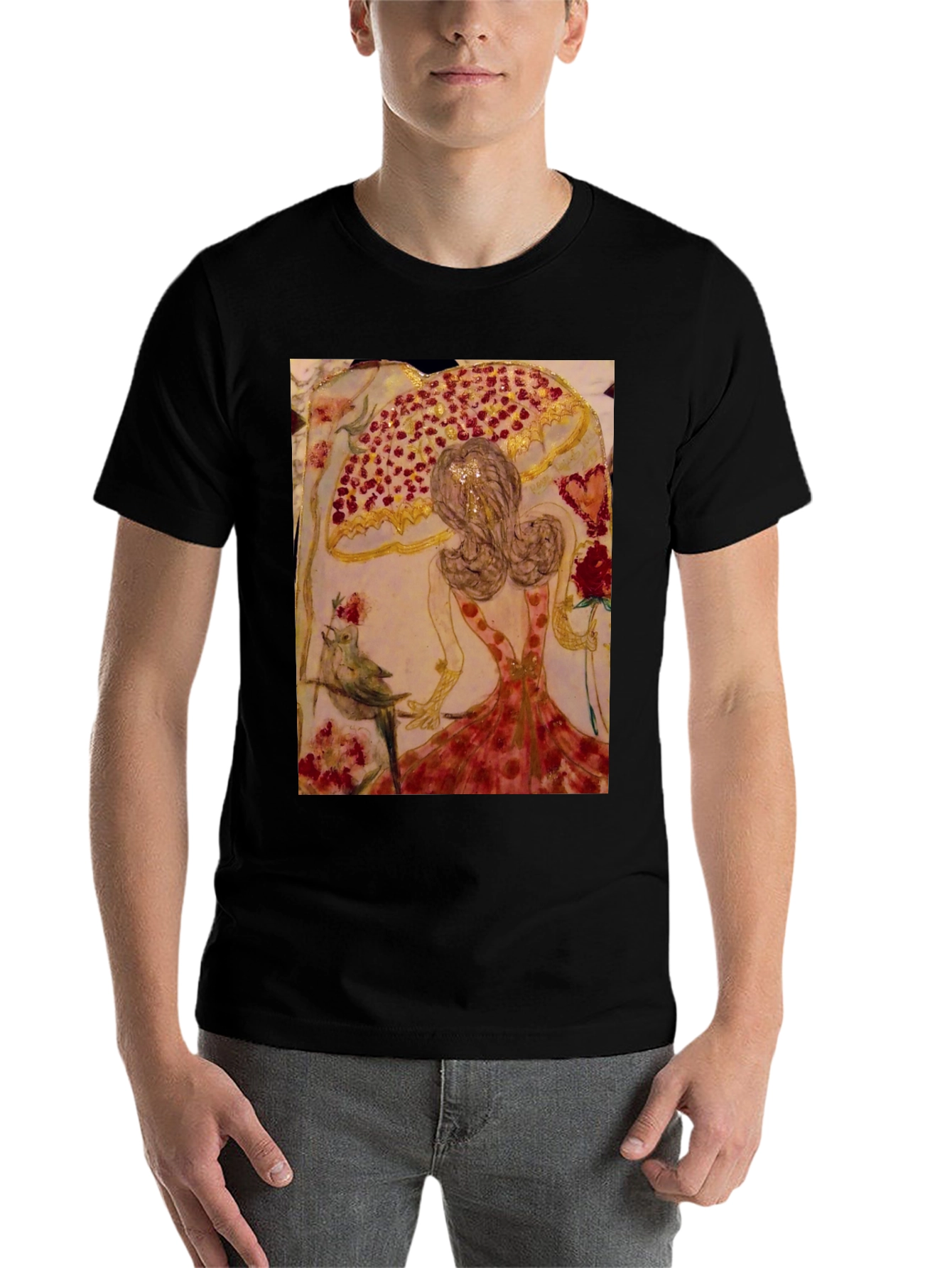 Black Whimsical Art T-Shirt: Bird, Roses, & Dancer view 7