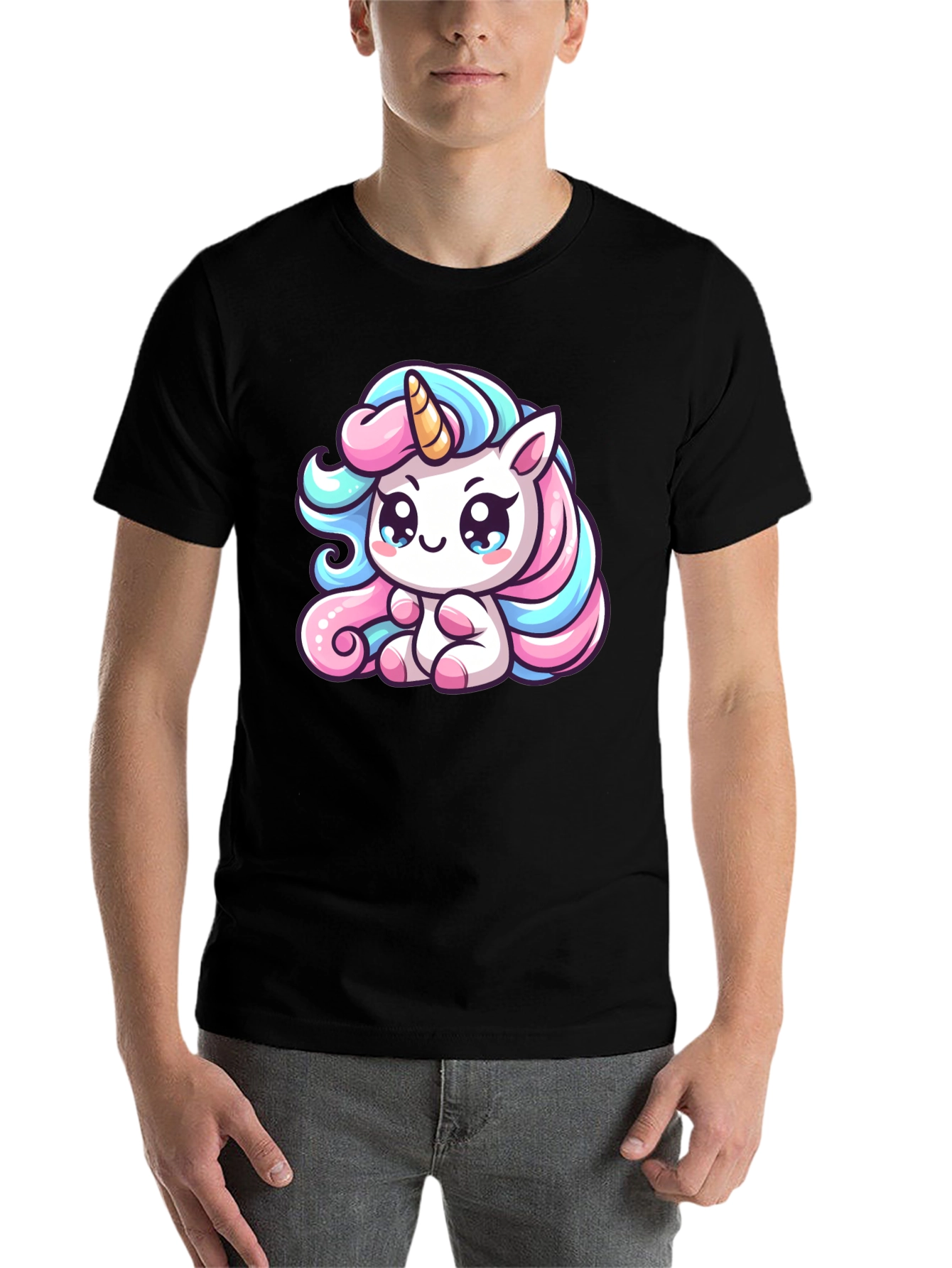 Black Cute Unicorn Graphic Black Tee Shirt view 7