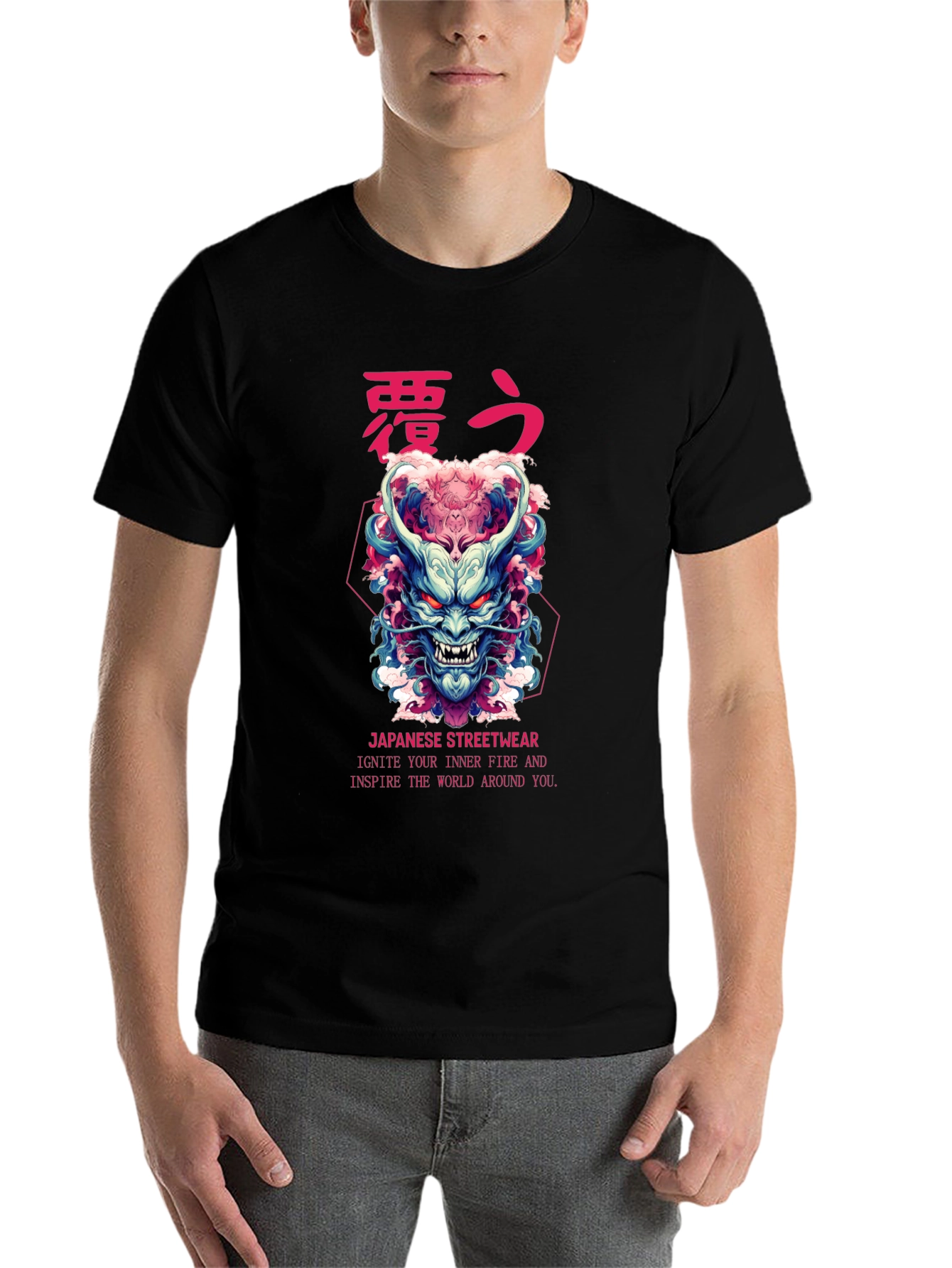 Black Japanese Oni Mask Graphic T-Shirt view 7