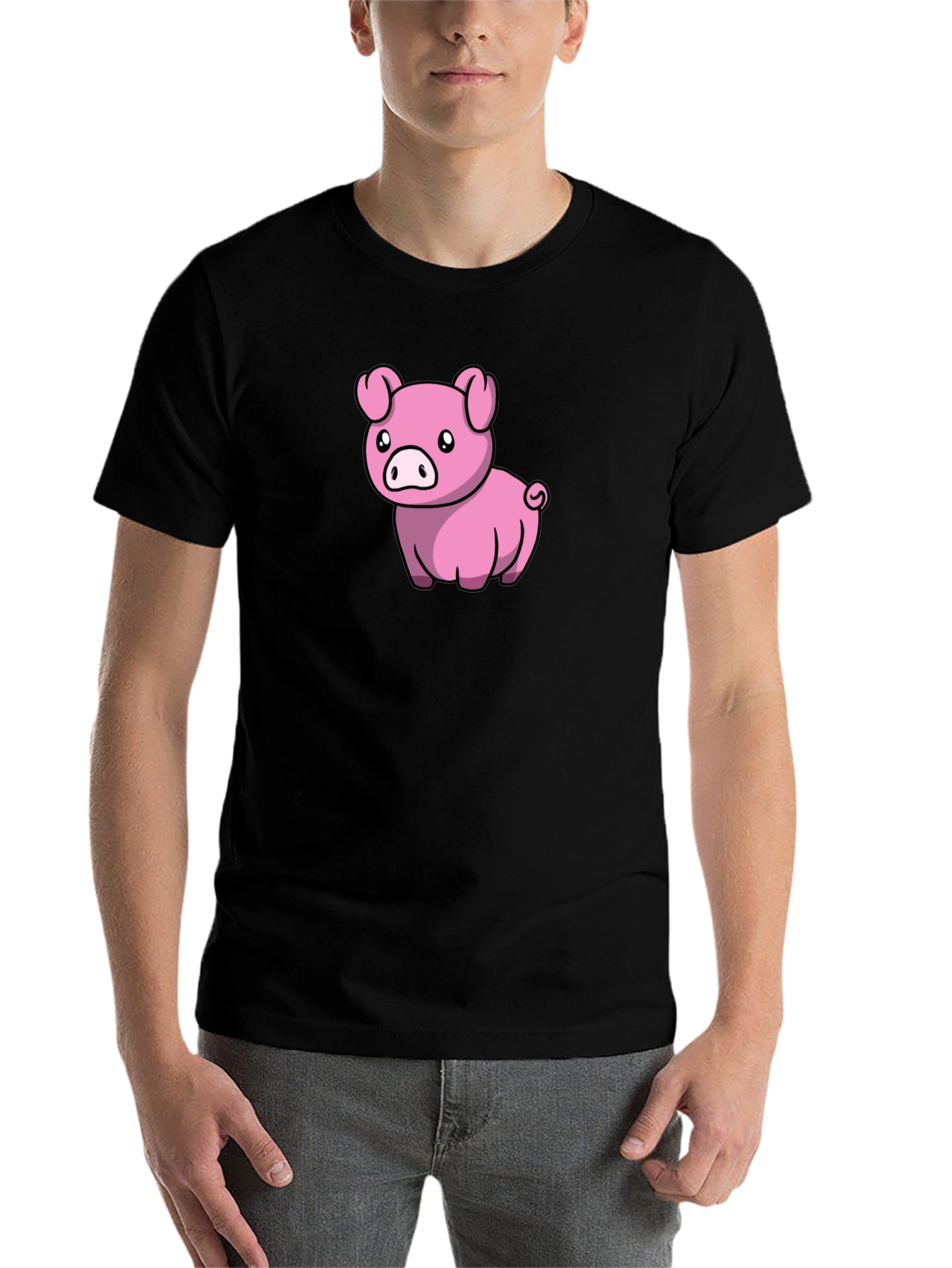 Black Cute Pig Cartoon Black T-Shirt view 7