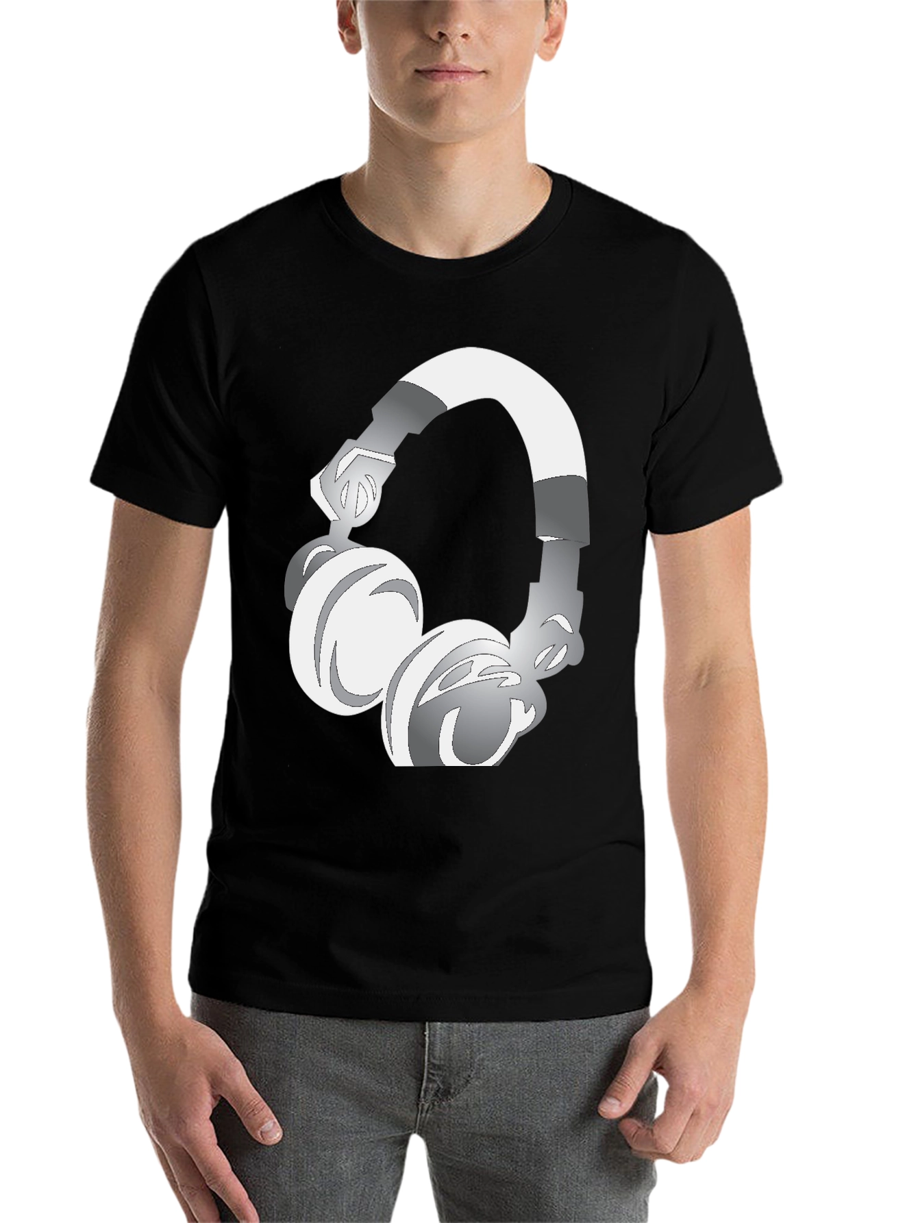Black Cool Graphic Tee: Silver Headphones Design view 7