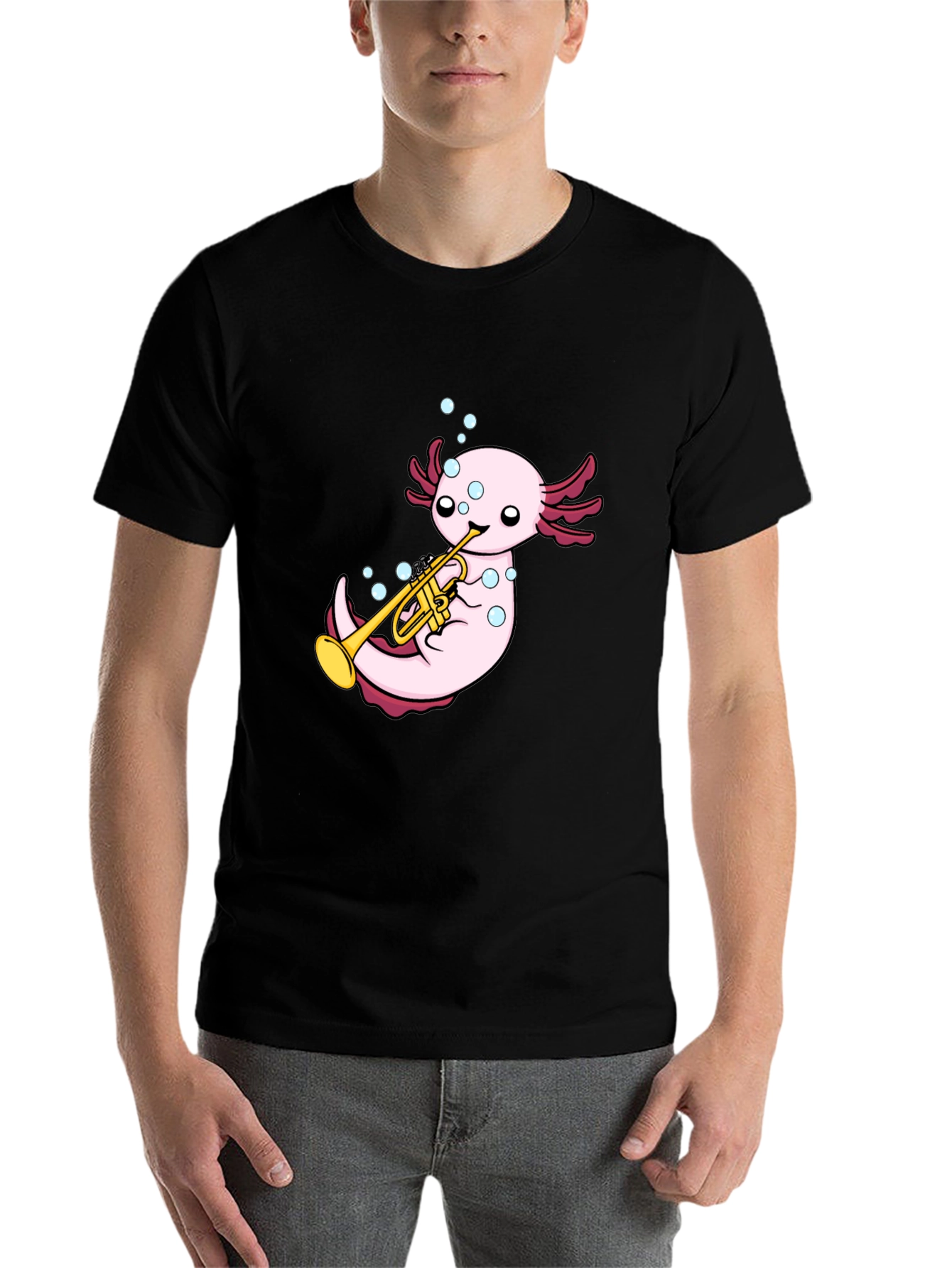 Black Axolotl Trumpet Player Graphic T-Shirt - Black view 7