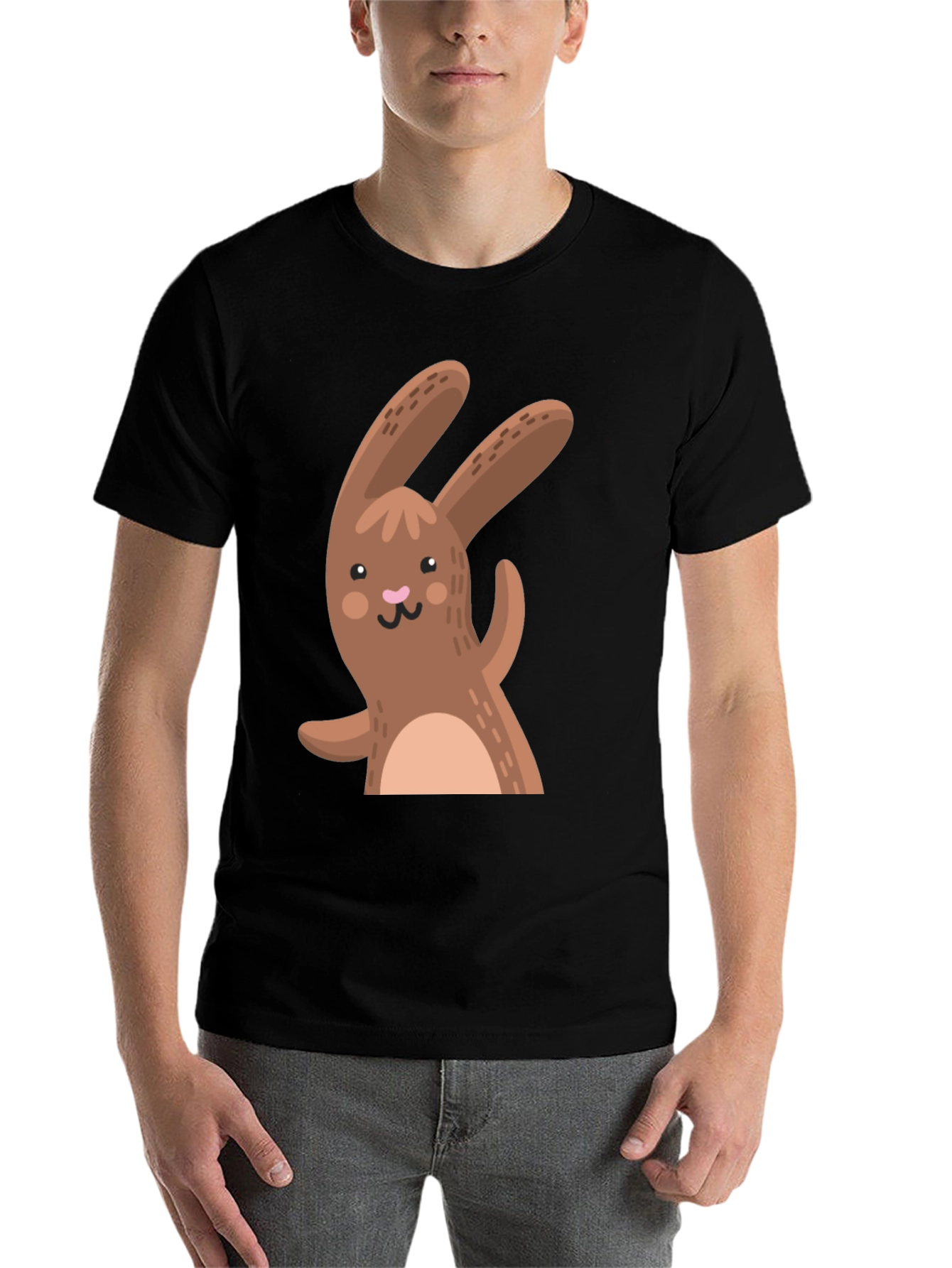 Black Cute Cartoon Rabbit Black T-Shirt view 7