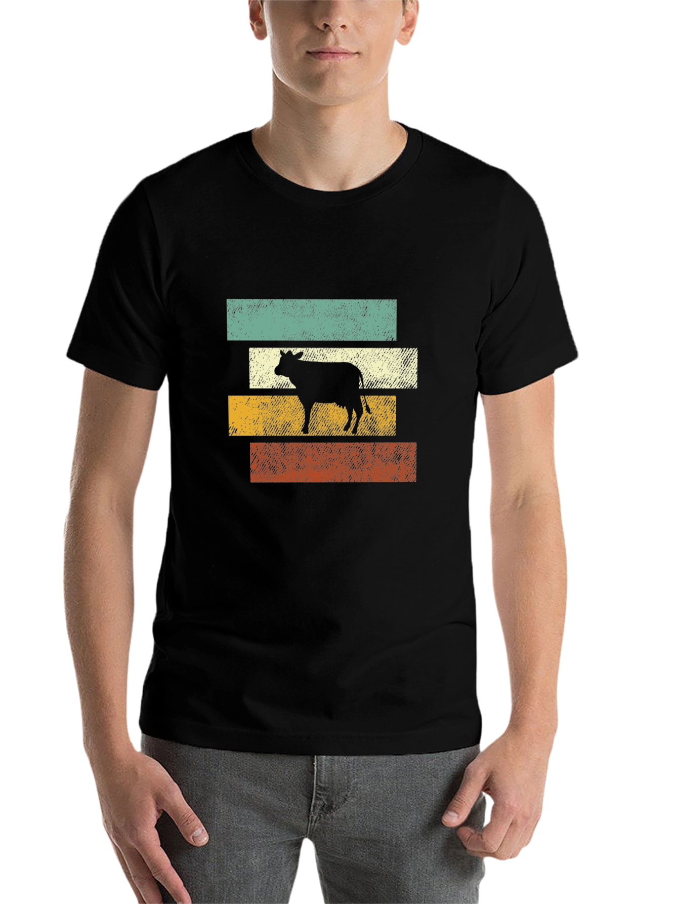 Retro Cow Graphic Tee - Black Cotton T-Shirt - 7
