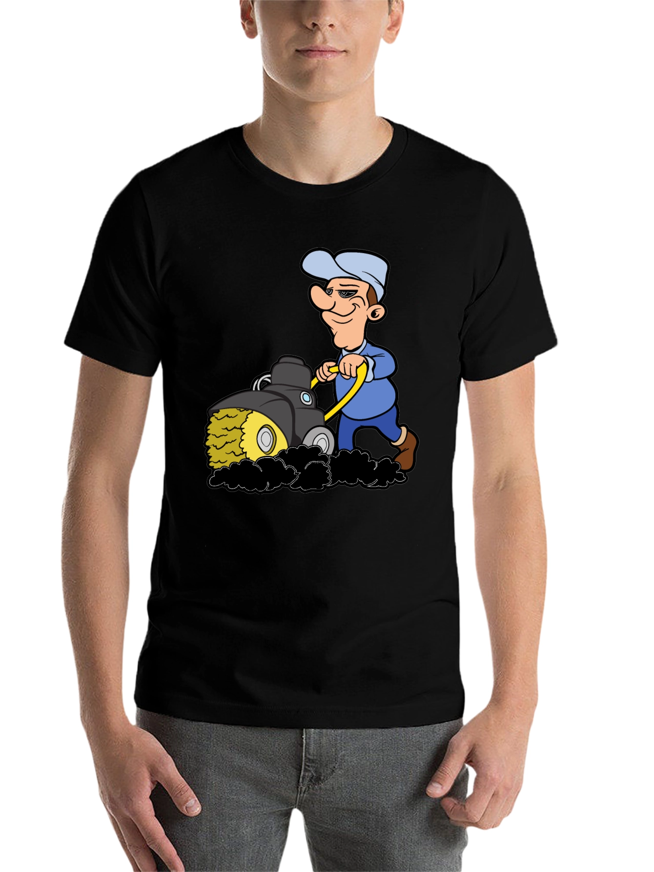 Black Cartoon Lawn Mower T-Shirt view 7