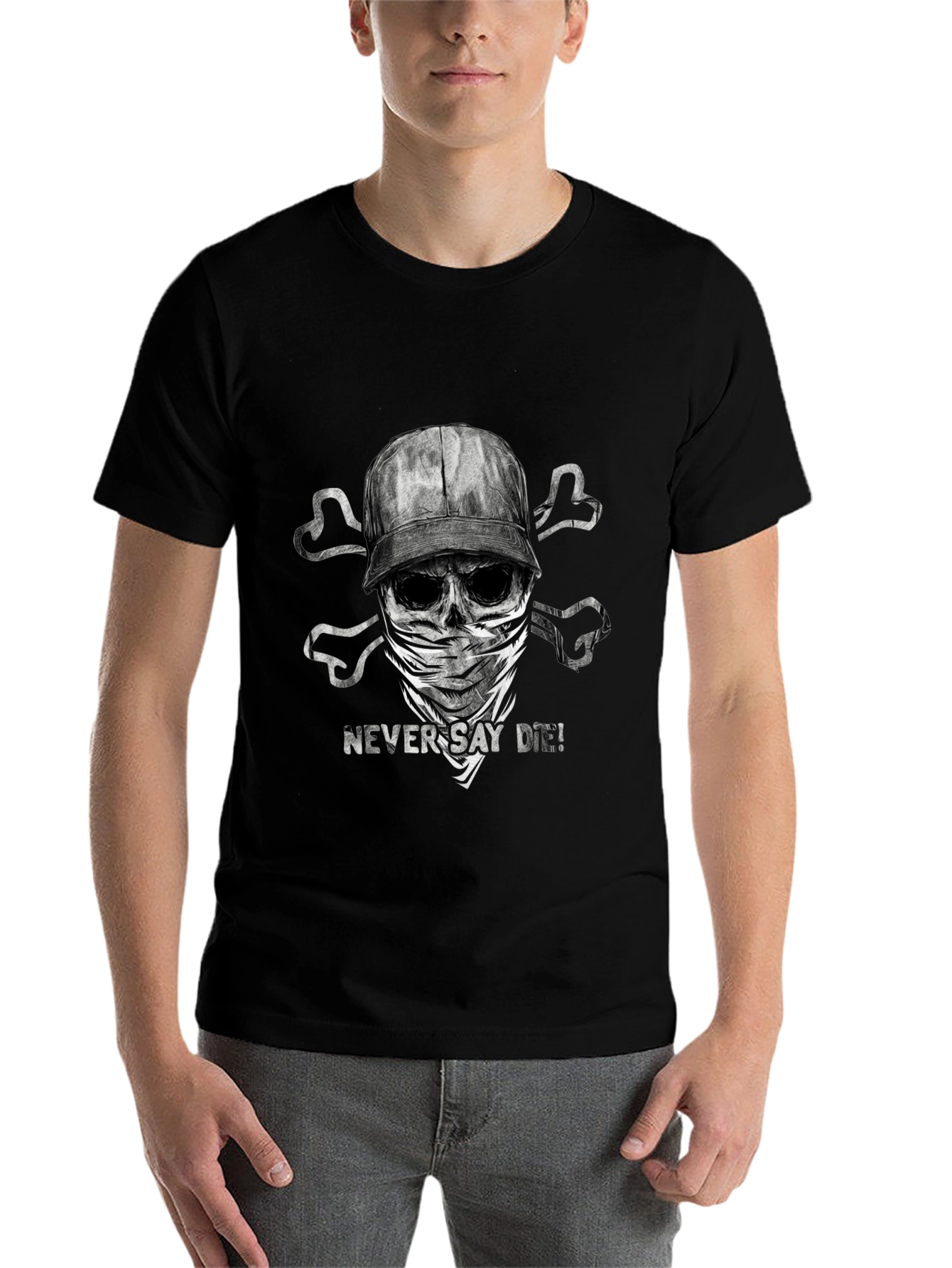 Black Never Say Die T-Shirt - Skull & Crossbones Design view 7