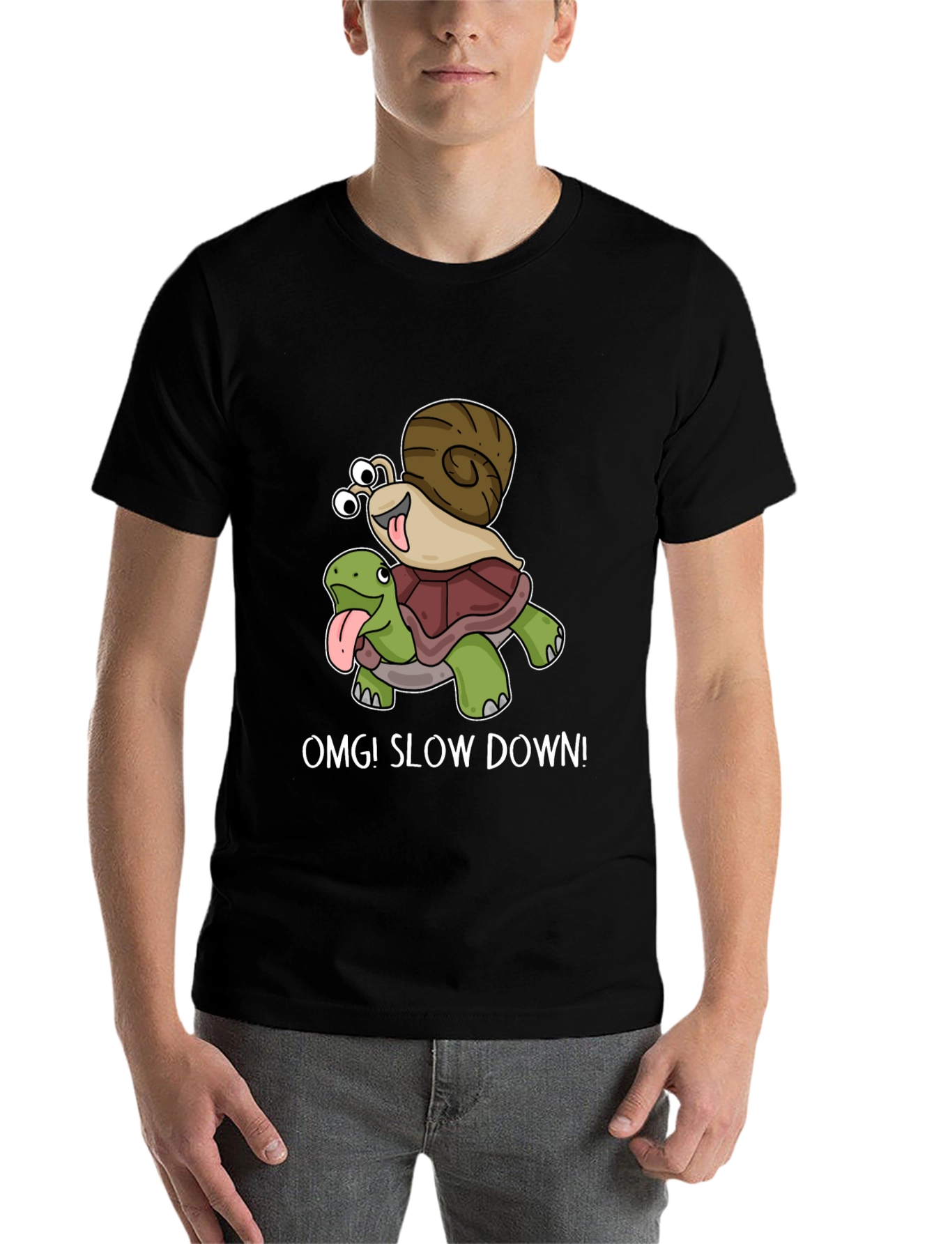 Black OMG! Slow Down T-Shirt Snail Riding Turtle view 7