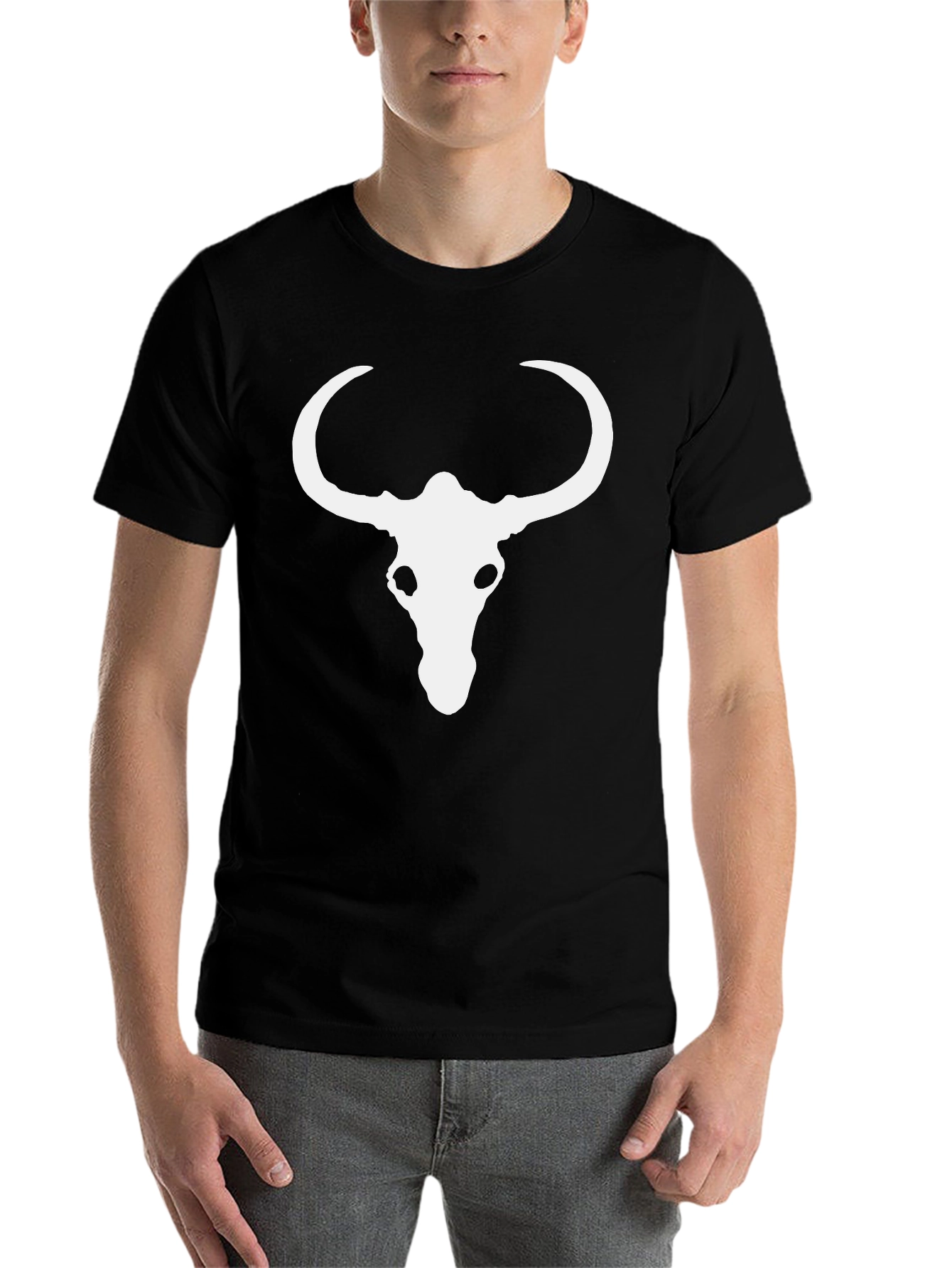 Black Skull Horn Graphic Tee - Black Cotton Blend Casual T-Shirt view 7