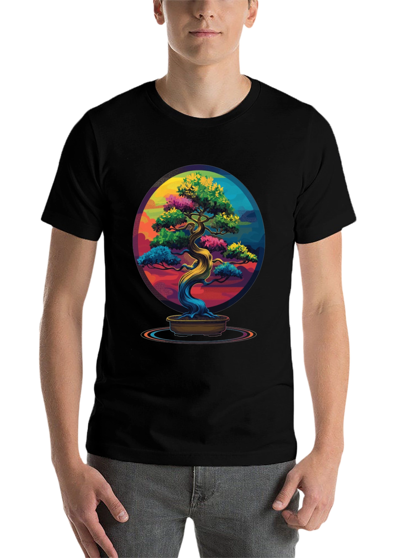 Black Colorful Bonsai Tree Graphic Tee - Unique Design view 7
