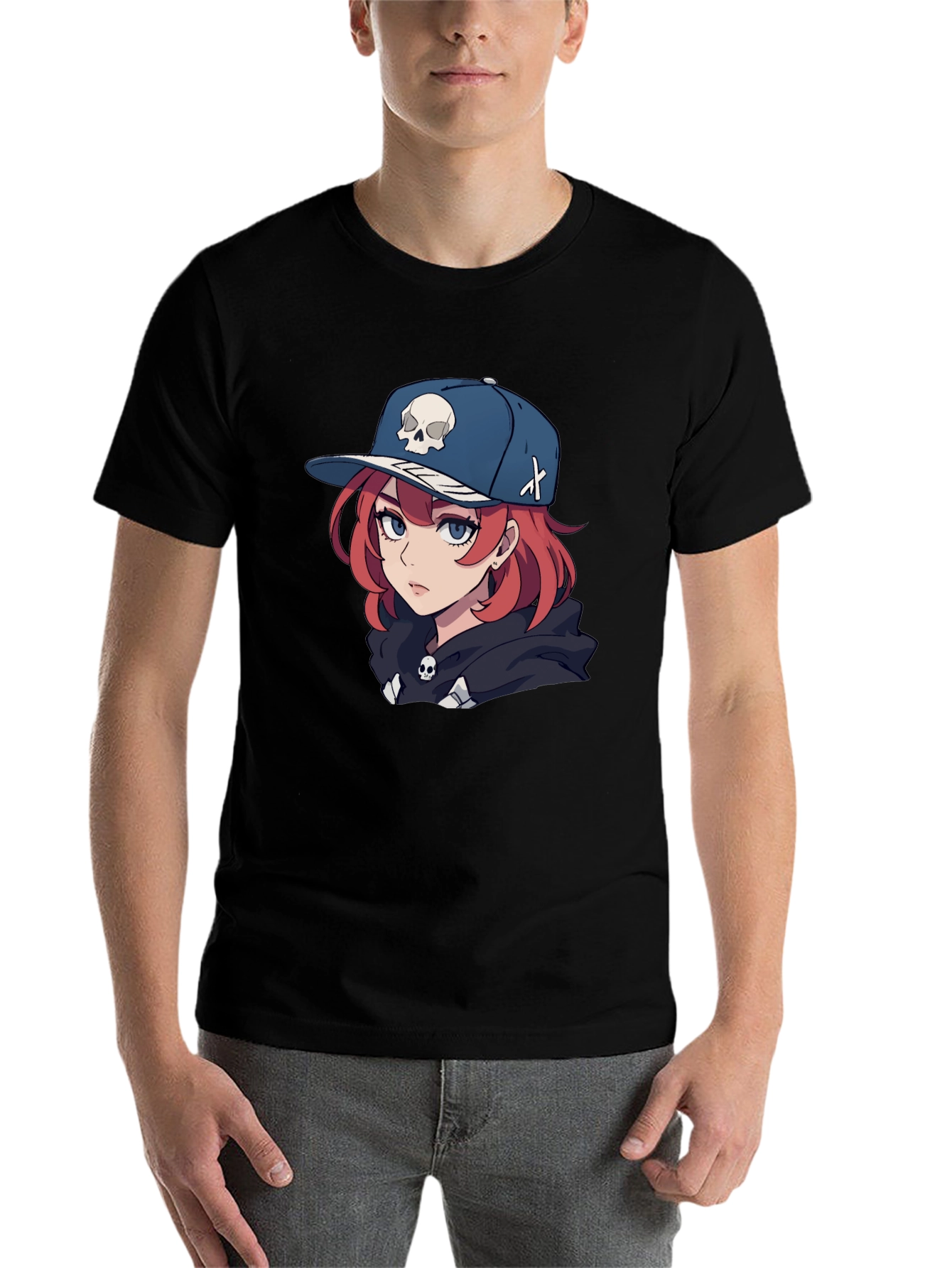 Black Anime Girl Skull Hat Graphic Black T-Shirt view 7