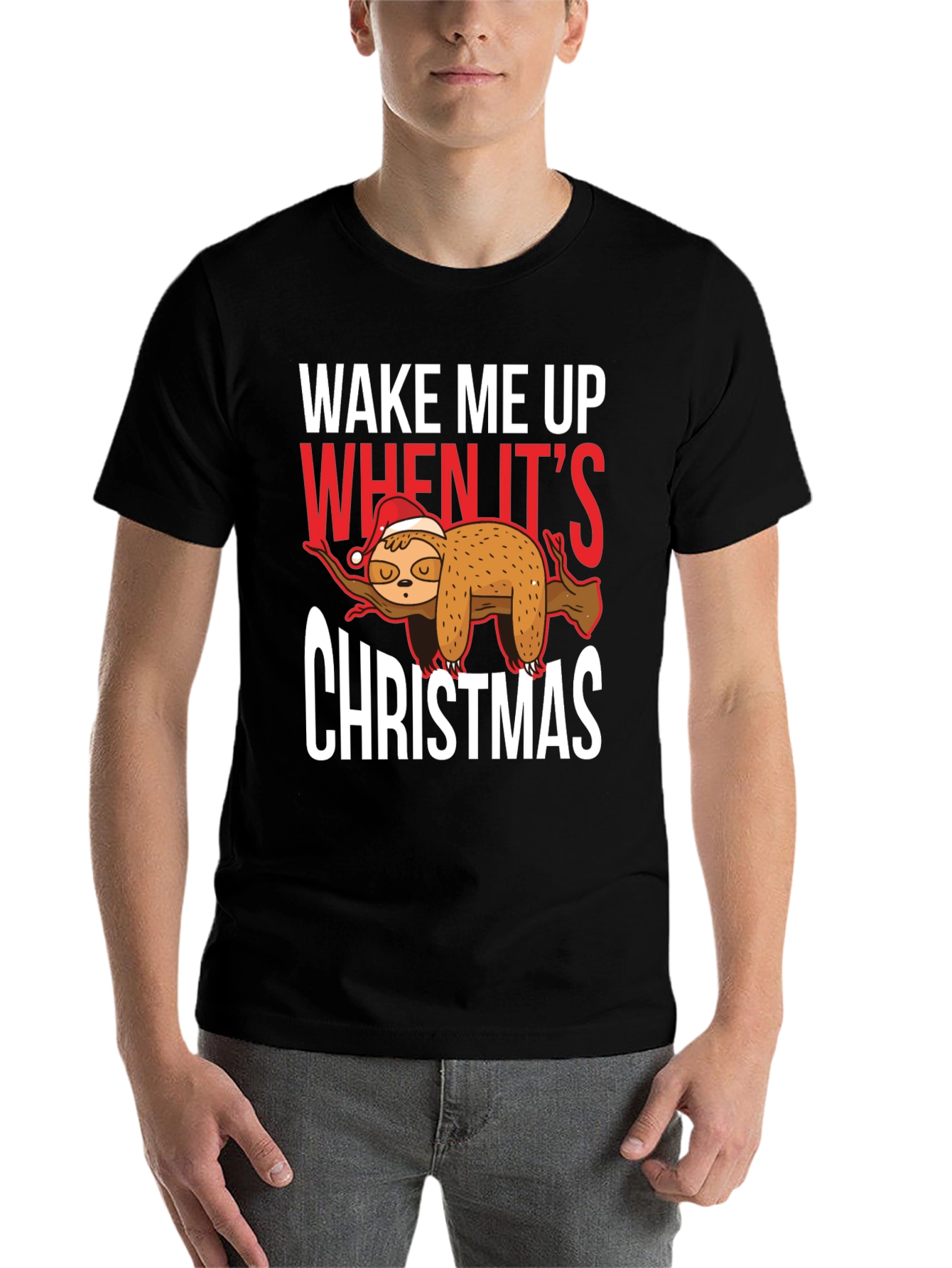 Black Wake Me Up When It's Christmas Sloth T-Shirt view 7