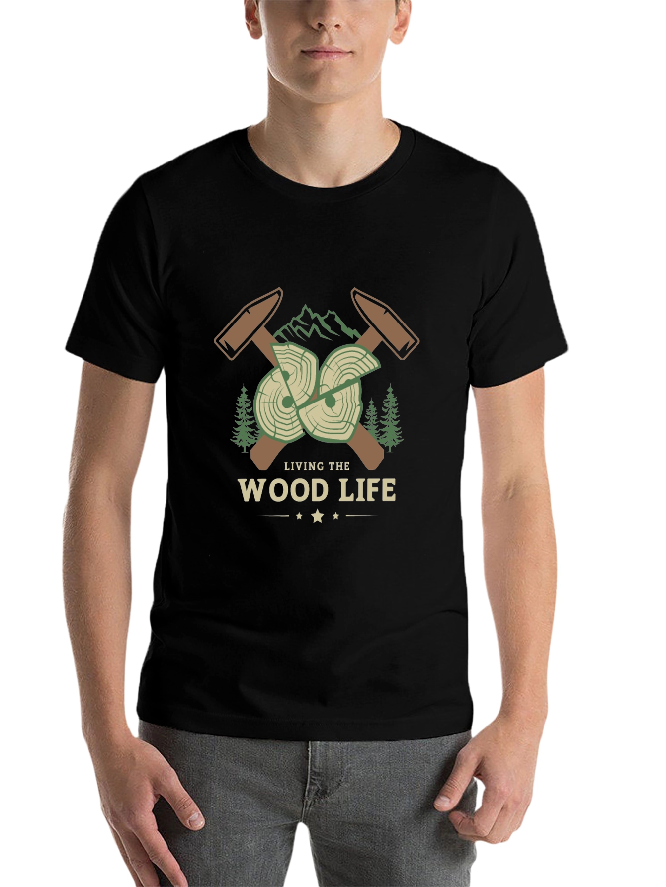Black Living the Wood Life T-Shirt - Lumberjack Design view 7