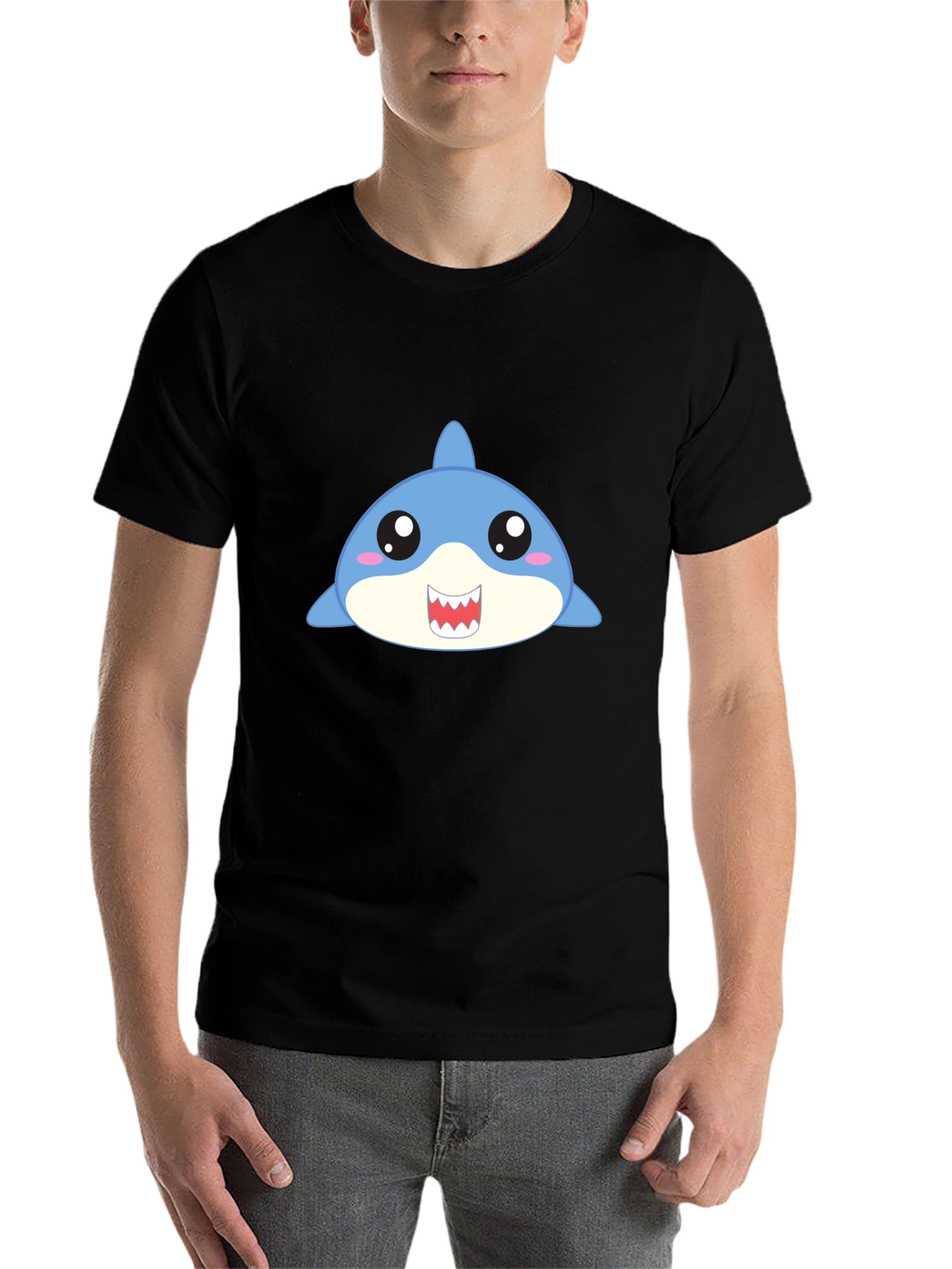 Black Cute Cartoon Shark Graphic Black T-Shirt view 7