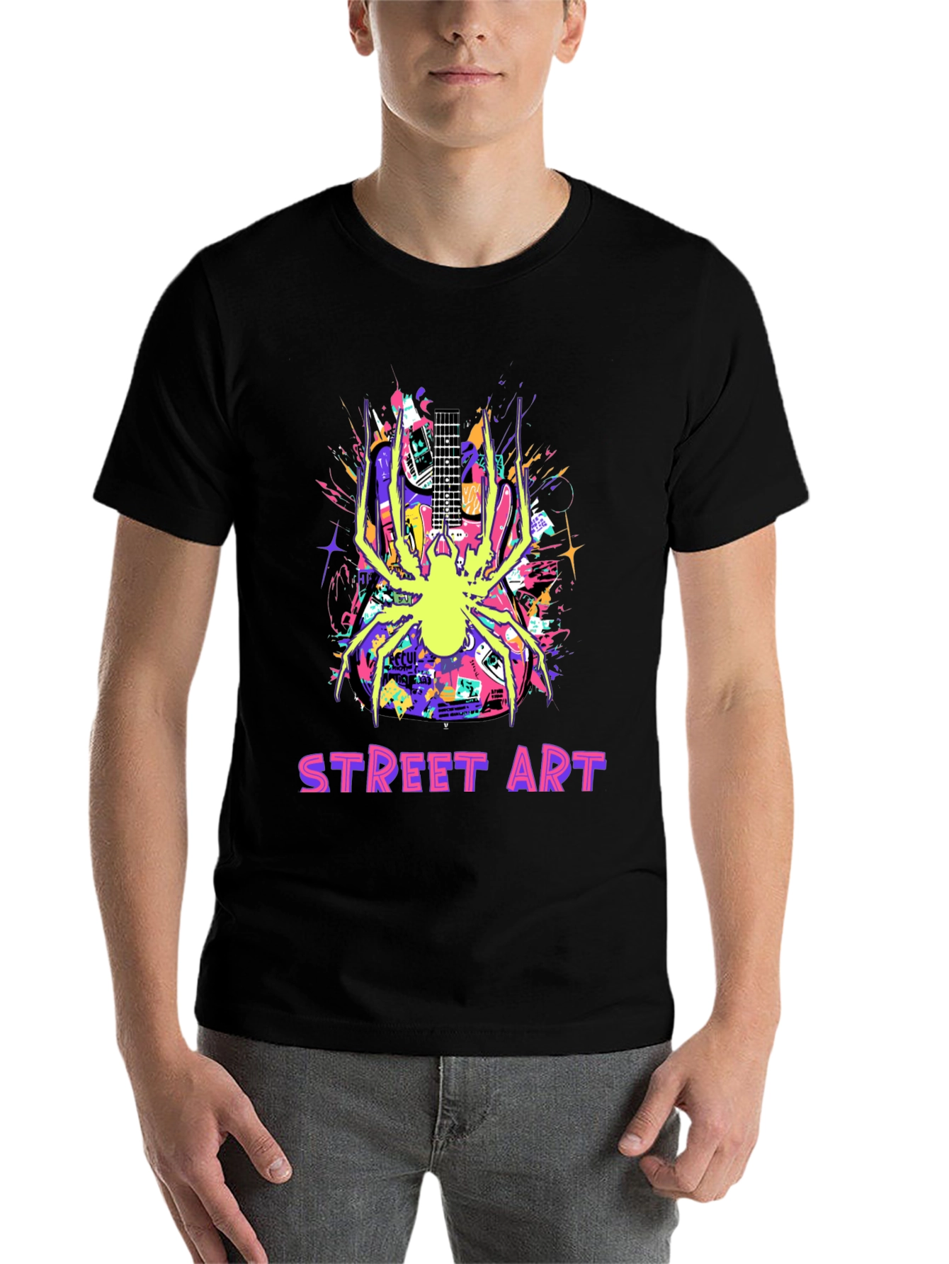 Black Street Art Guitar Spider Graphic T-Shirt view 7