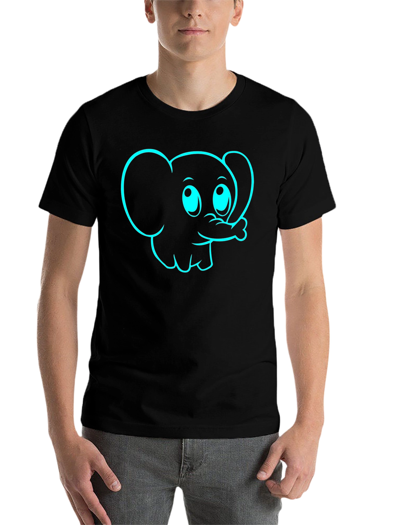Black Cartoon Elephant Graphic Tee - Black Cotton T-Shirt view 7
