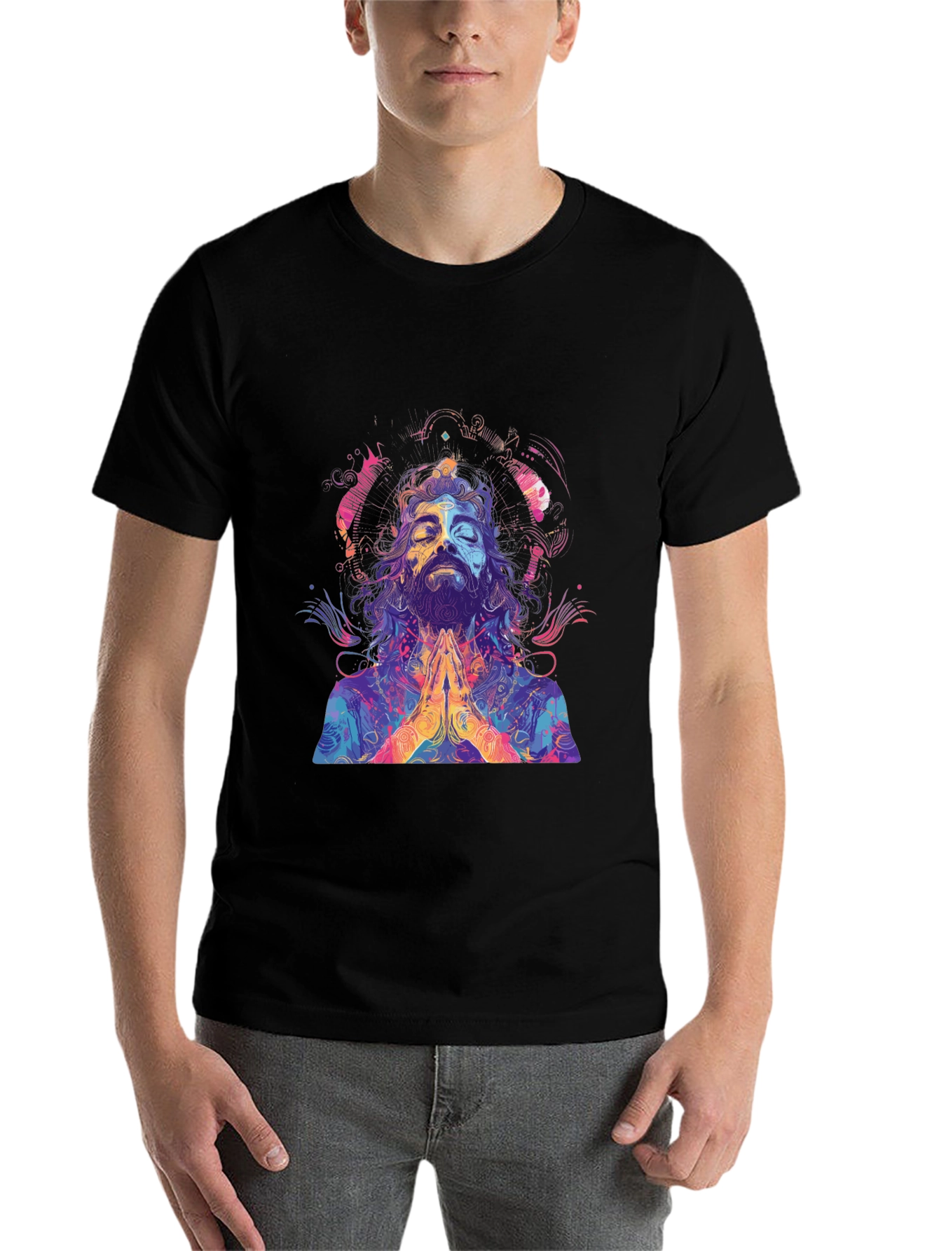Black Psychedelic Meditating Man Graphic Tee view 7