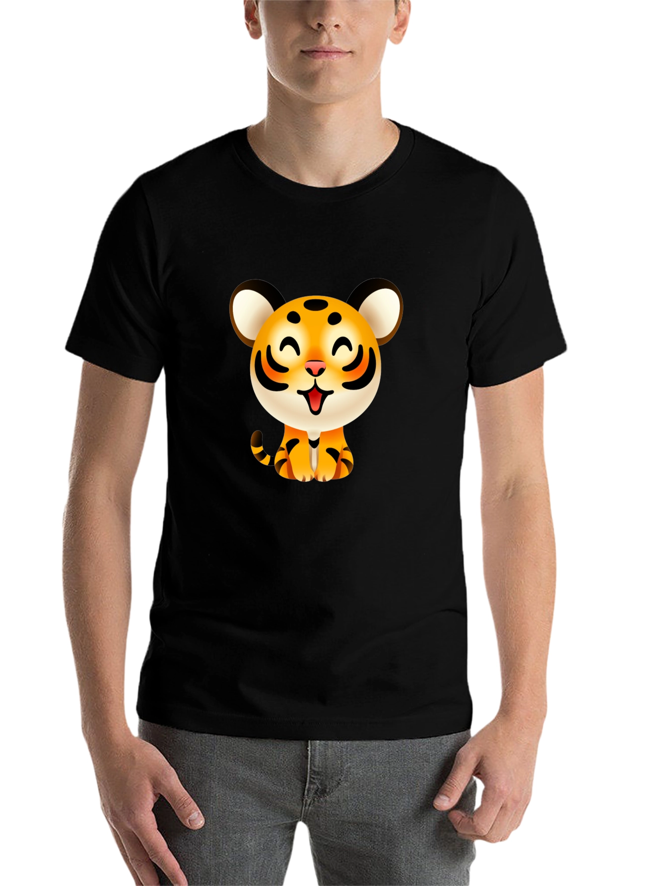 Black Cute Cartoon Tiger Graphic Tee - Black view 7