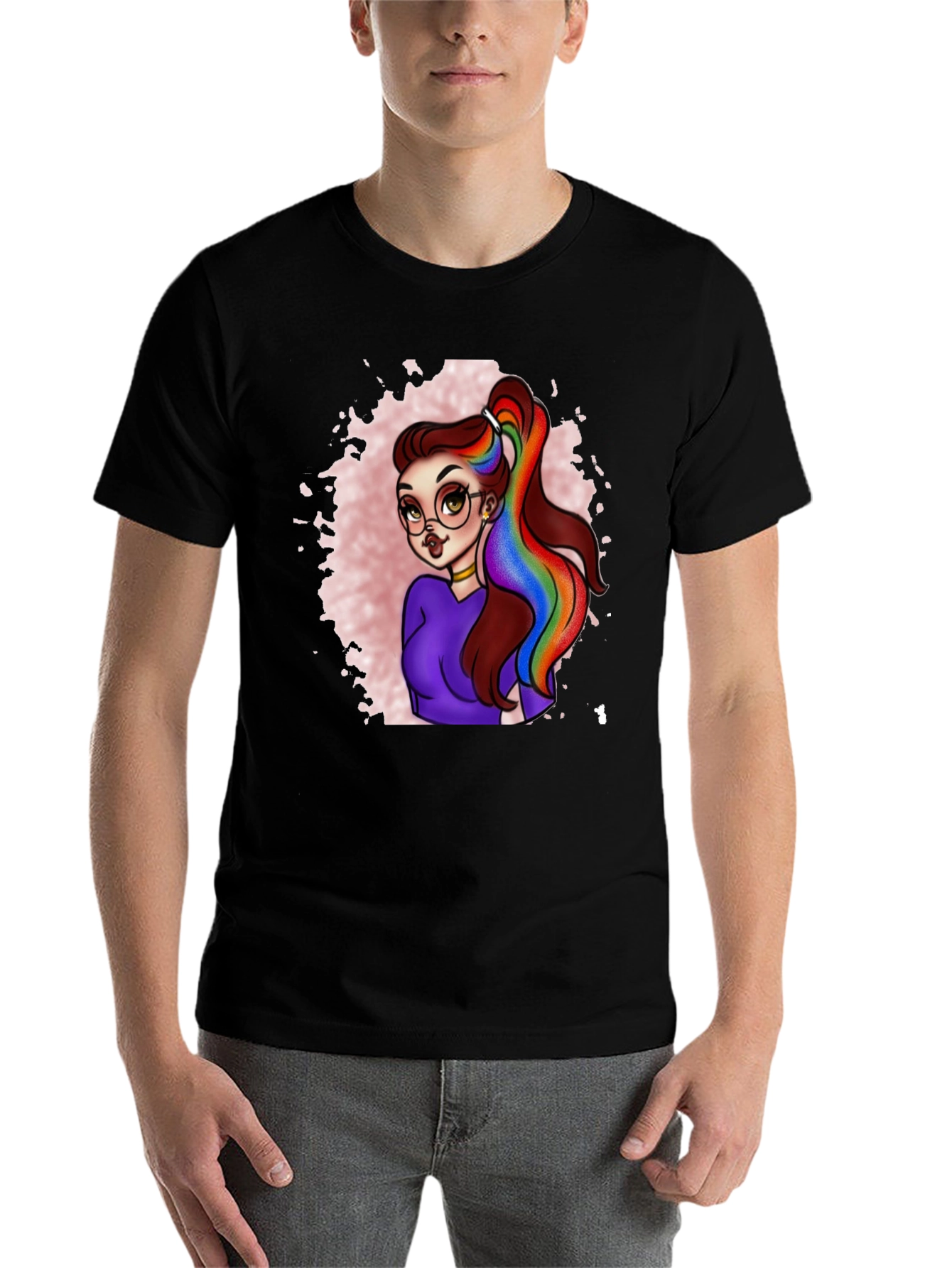Black Rainbow Hair Cartoon Graphic T-Shirt view 7