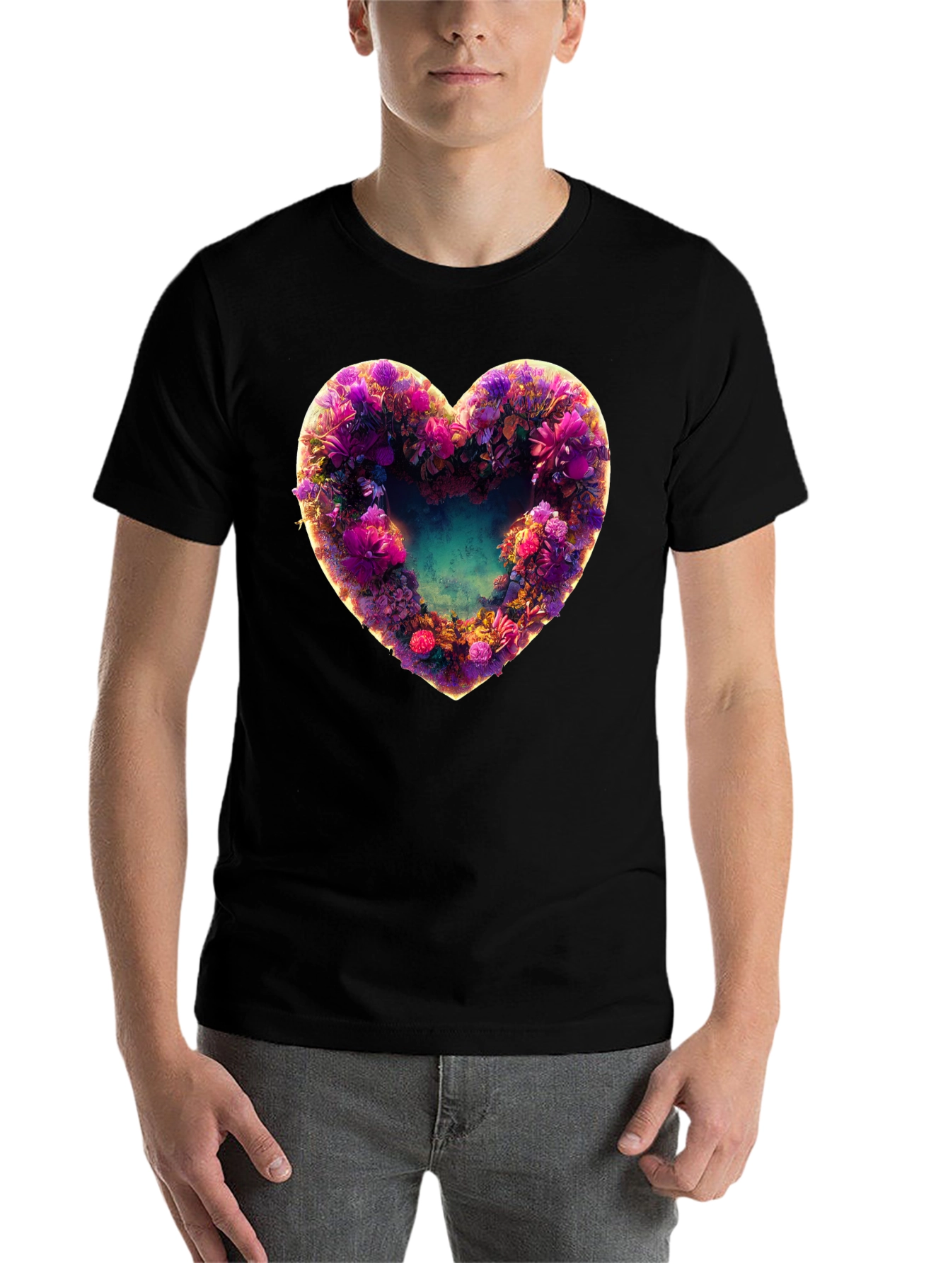 Black Floral Heart Graphic Black T-Shirt view 7