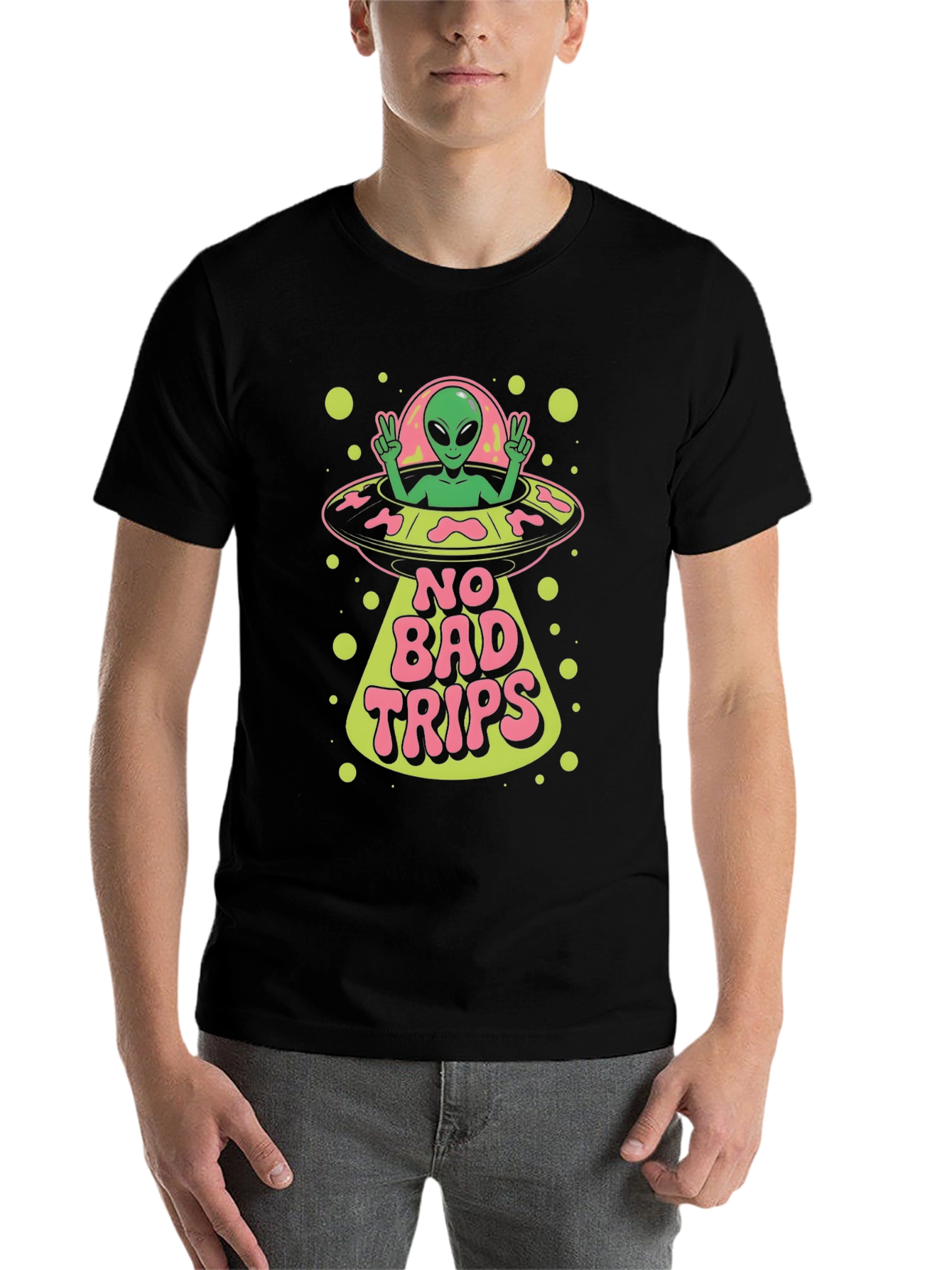 Black No Bad Trips Alien UFO Graphic T-Shirt view 7