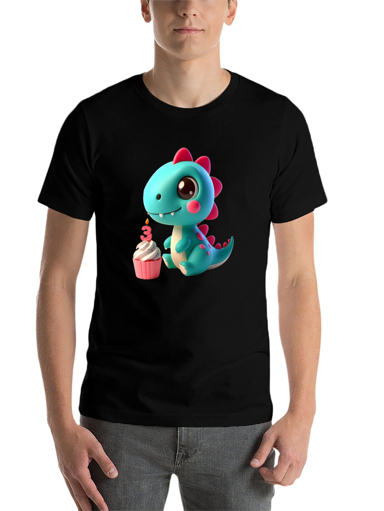 Black Cute Dinosaur 3rd Birthday T-Shirt view 7