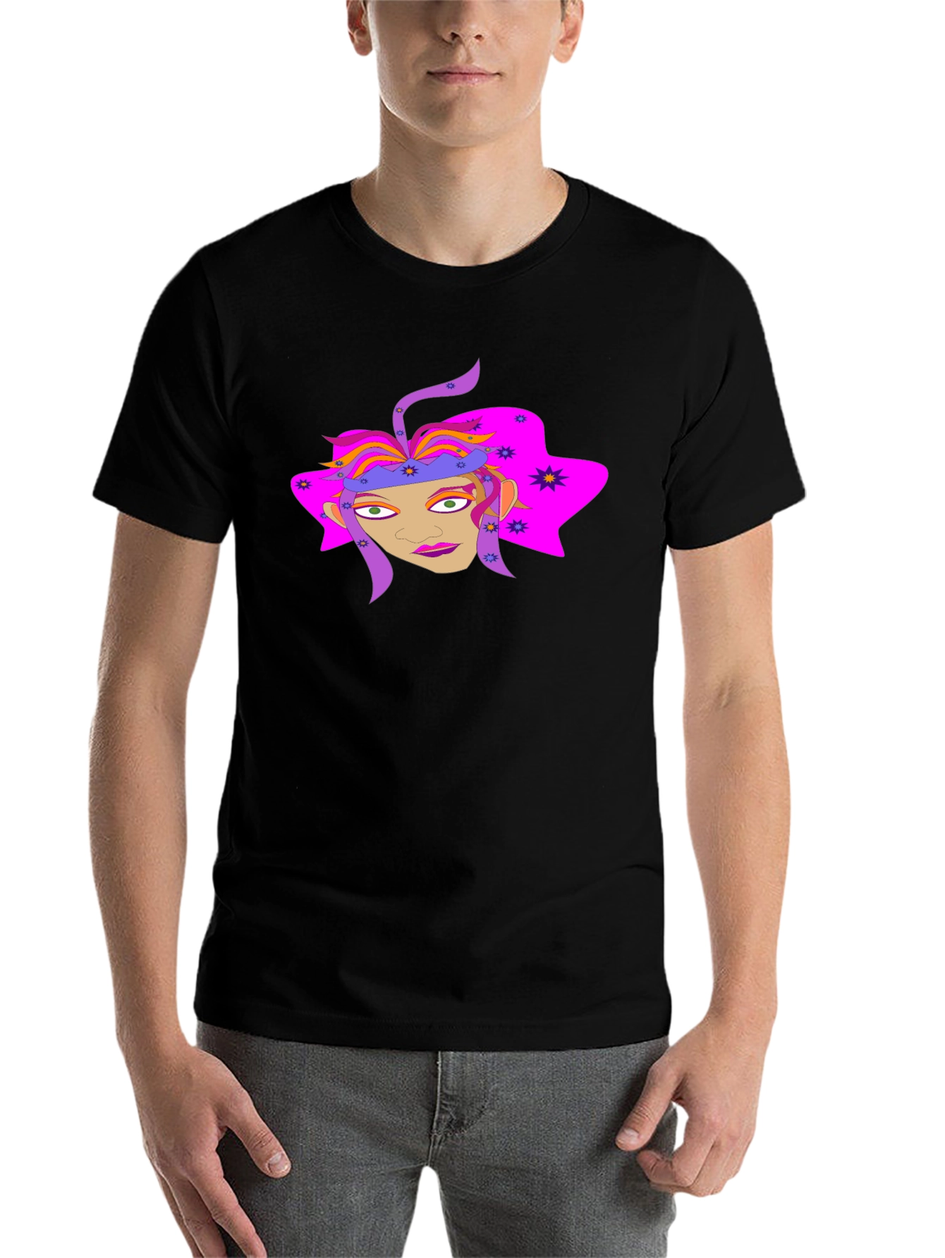 Black Funky Graphic Tee: Colorful Face Design view 7