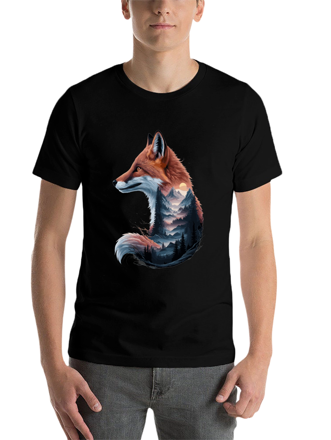 Black Fox & Mountain Graphic Tee - Nature Inspired Design view 7